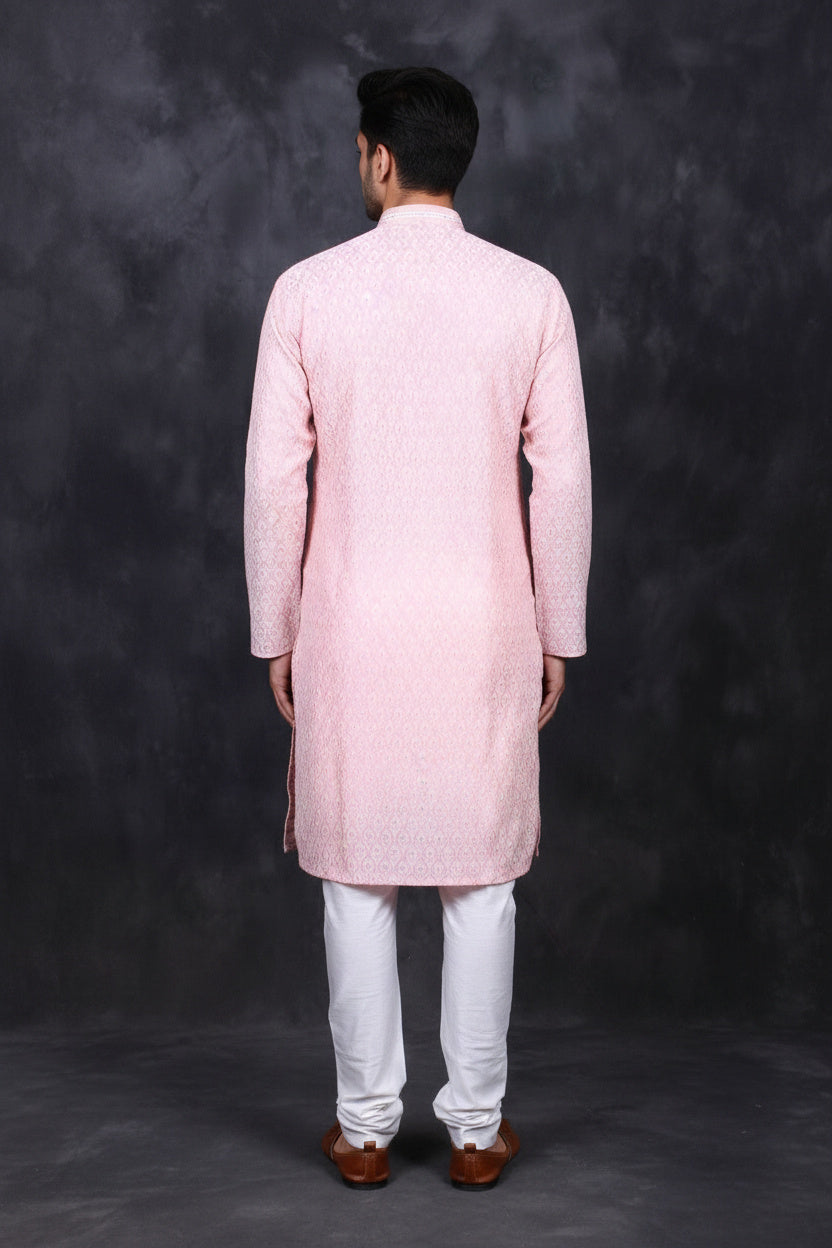 Pink Men's White Jacquard Kurta: Traditional Meets - AI Model Photo 1
