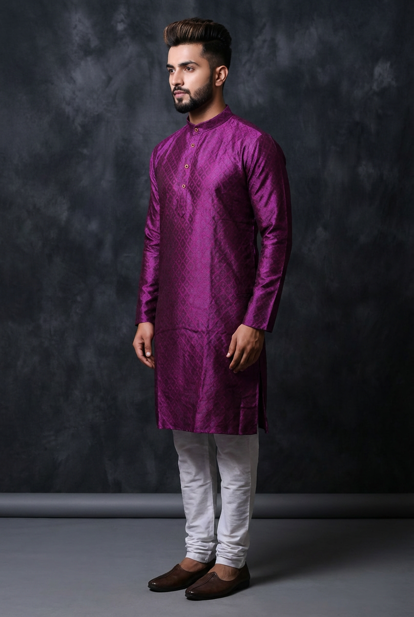 Purple Men's Diamond Pattern Kurta - AI Model Photo 1
