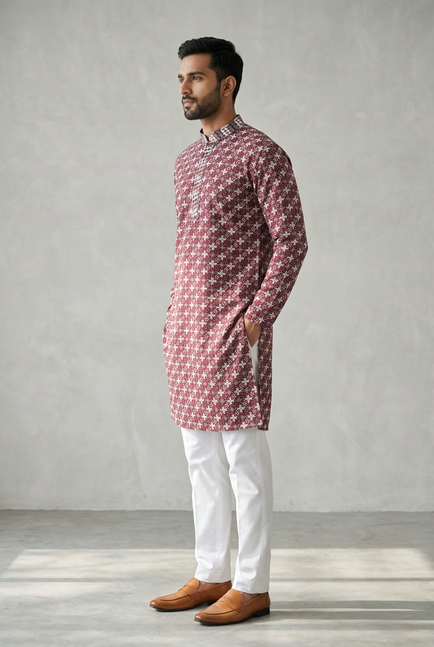Red Men's Embroidered Kurta with Zebra Pattern Design - AI Model Photo 3