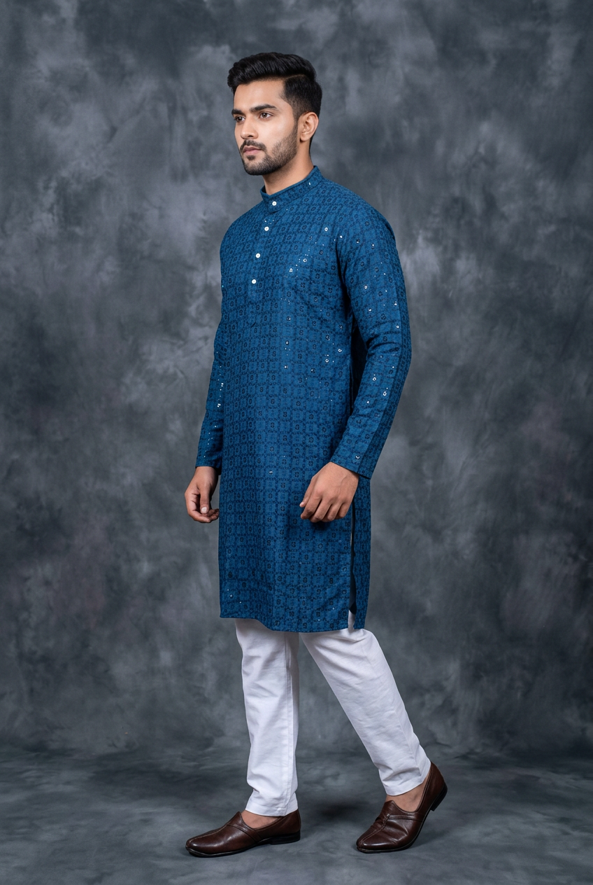 Blue Men's Lakhnavi Embroidered Sequin Kurta - AI Model Photo 3