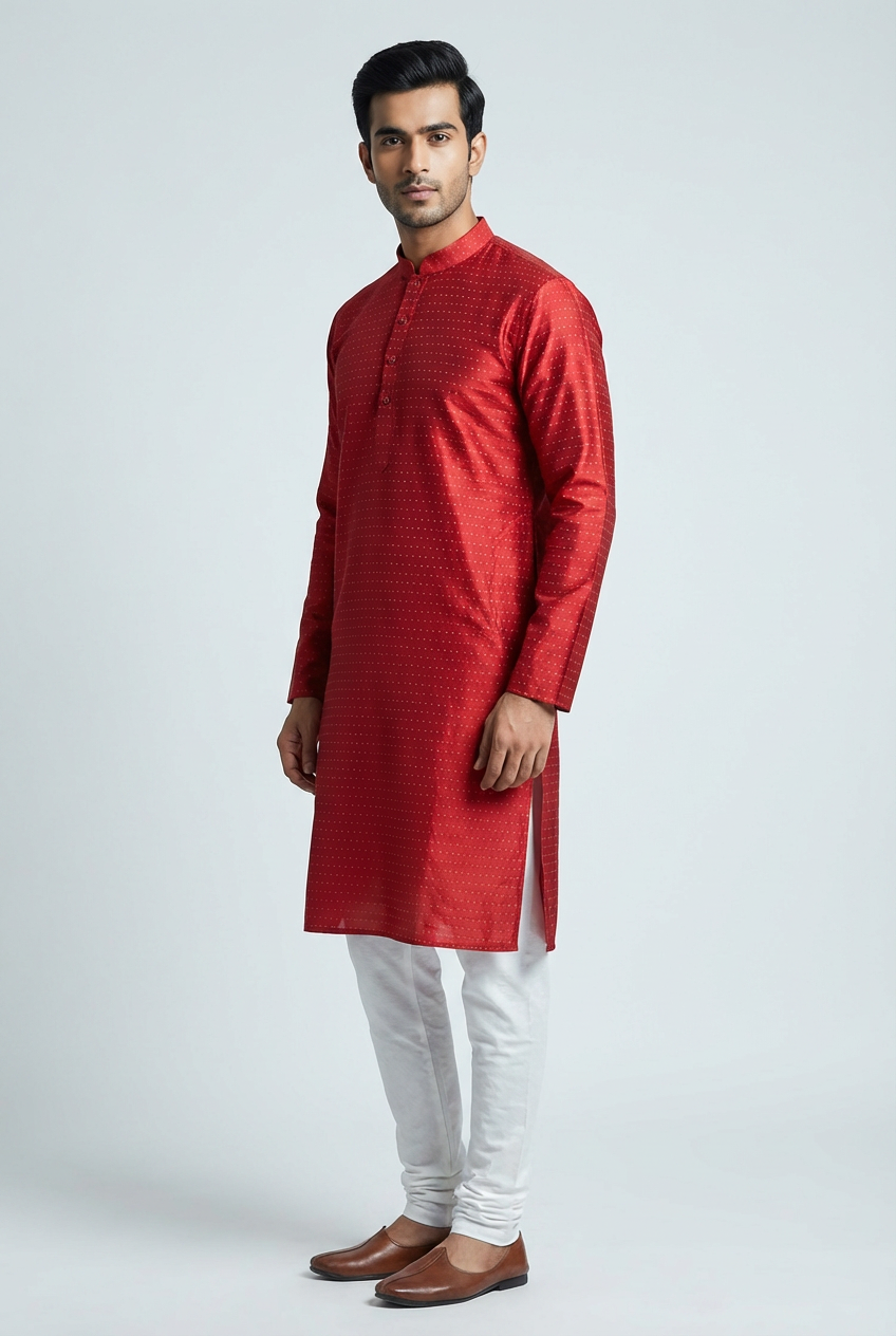 Red Men's Semi-Silk Wedding Kurta: Tradition Meets - AI Model Photo 2