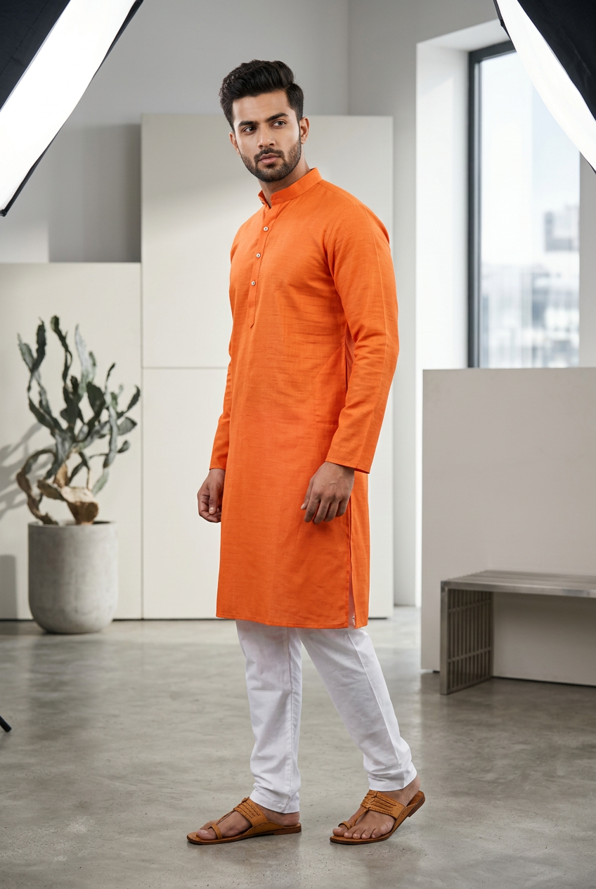 Orange Men's Cotton Kurta: Breezy meets - AI Model Photo 1
