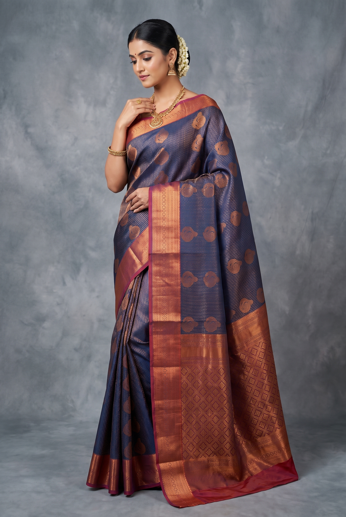 Navy Blue Bridal Pattu Saree with Full Body Zari Work and Traditional Border, Semi Silk