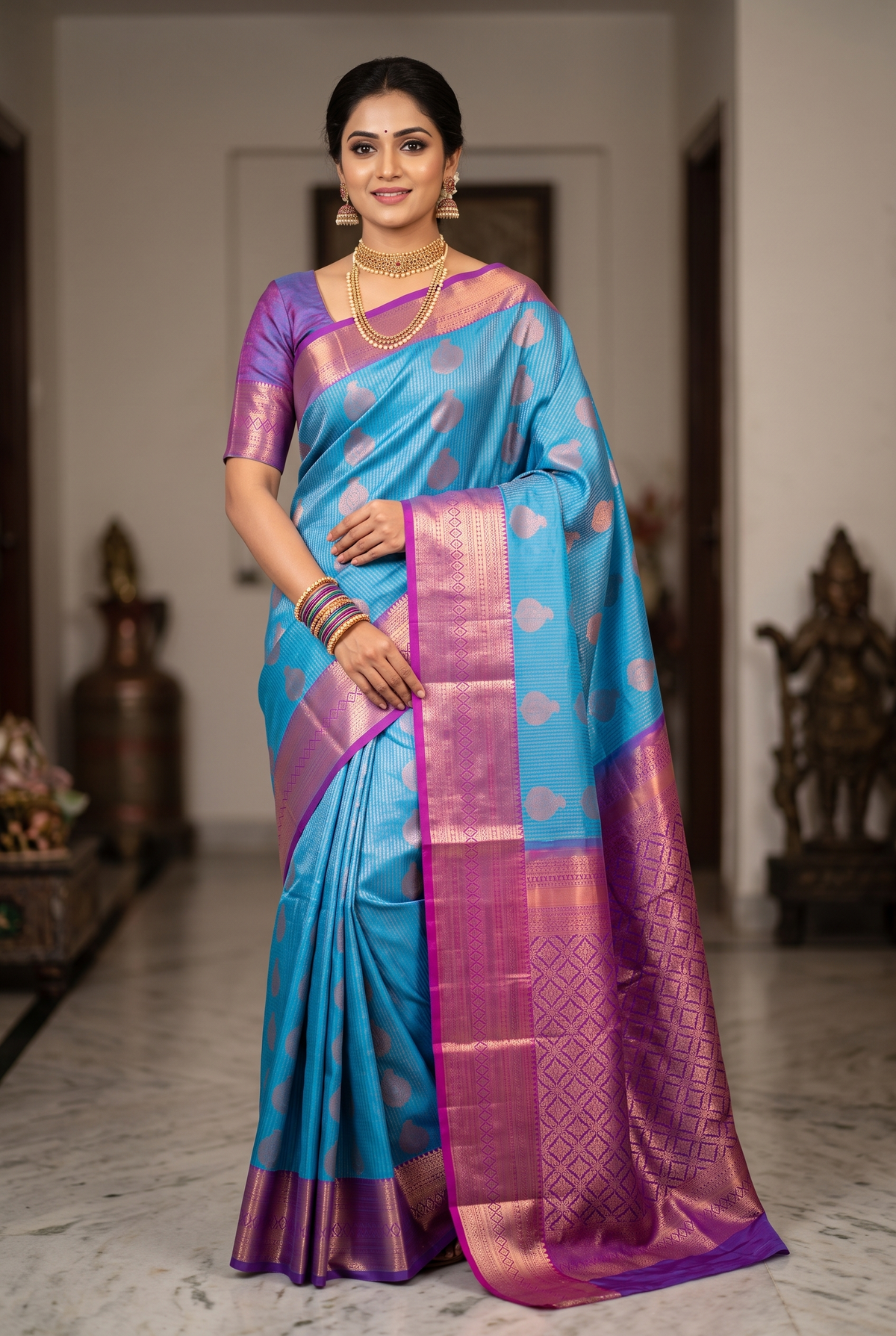 Blue Bridal Kanjivaram Style Pattu Saree with Full Body Zari Work and Contrast Border