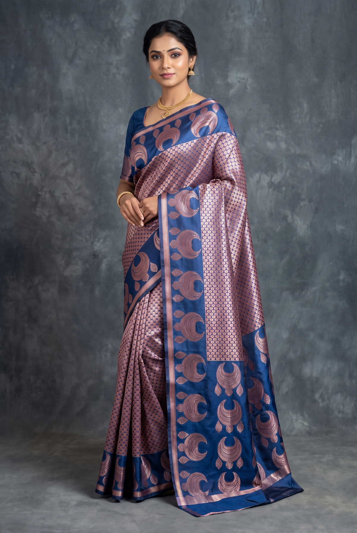 Navy Blue Semi Silk Saree with Jhumka Motif Pallu and Border, Comes with Blouse
