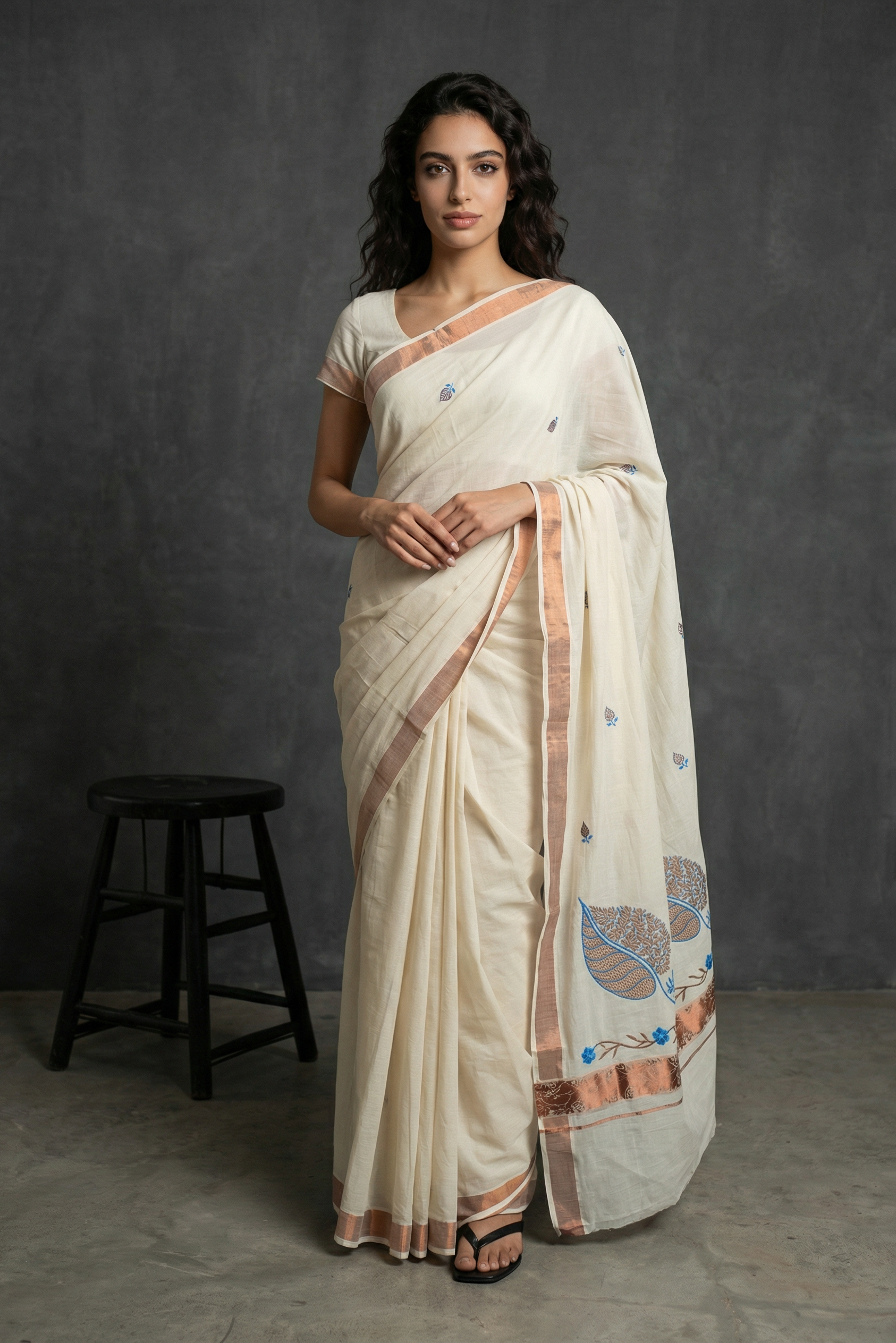 Pure Kerala Cotton White Saree with Copper Zari Border, Peacock Floral Embroidery and Blouse Piece - AI Model Photo 1