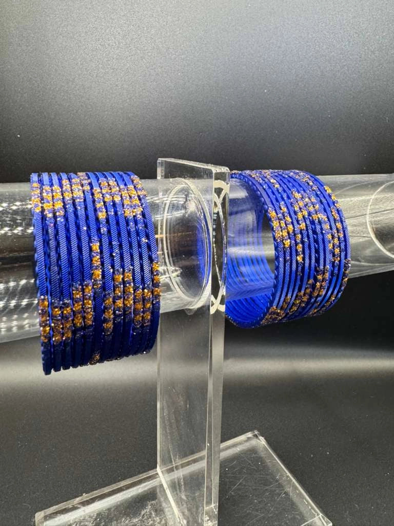 Royal Blue Kids Metal Bangles with Gold Glitter (24 Pieces) for Daily Wear