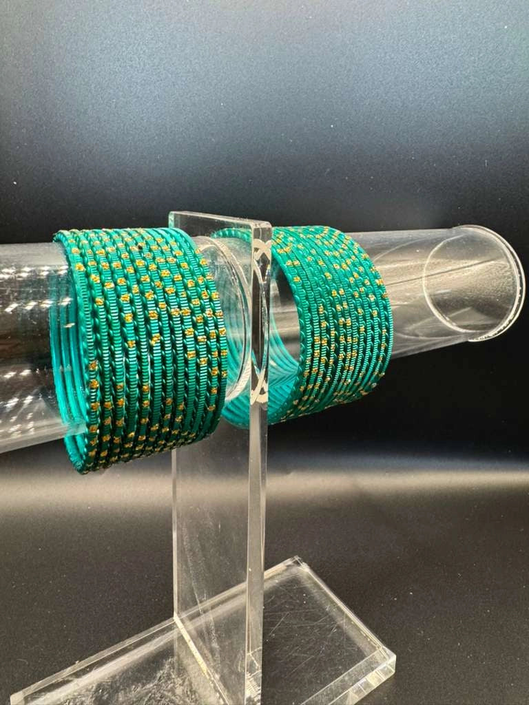 Teal Green Kids Metal Bangles with Gold Glitter Design Set of 24