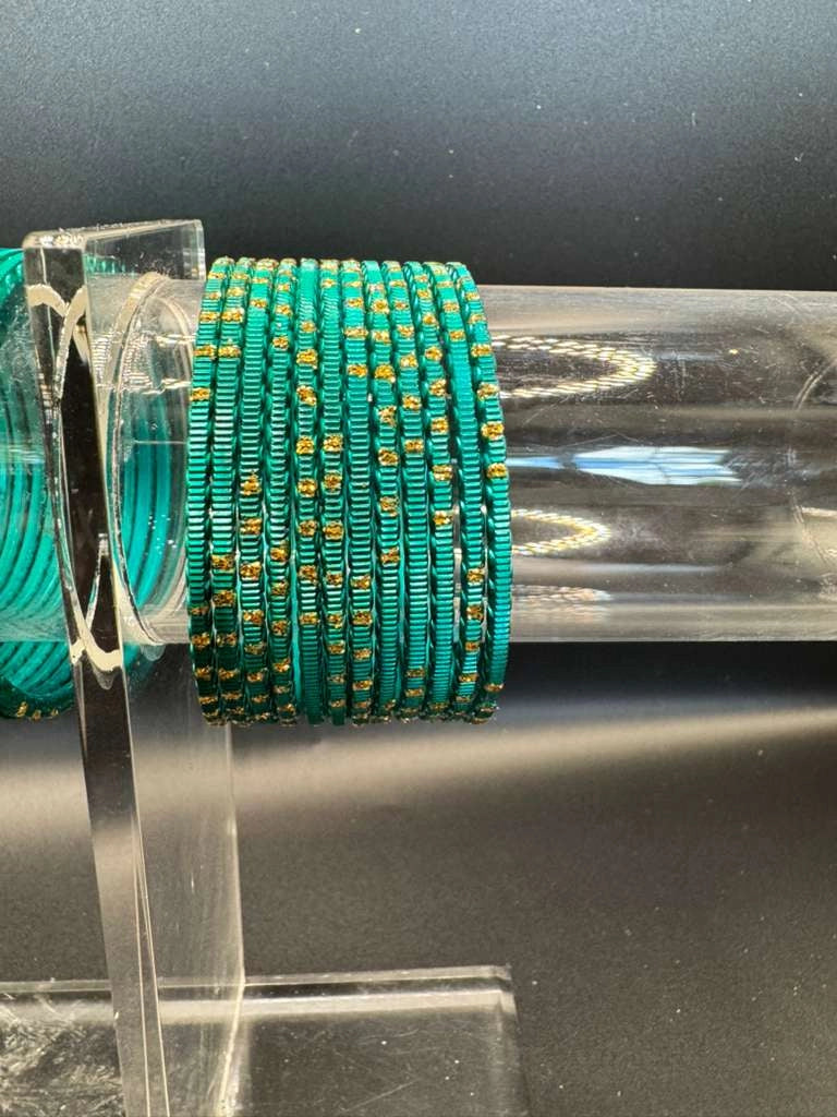 Teal Green Kids Metal Bangles with Gold Glitter Design Set of 24