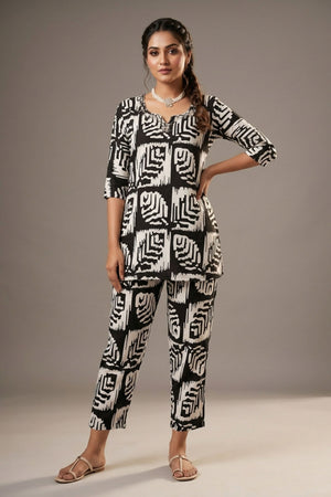 Black & White Rayon Kurta Set – Printed 2-Piece with Pant