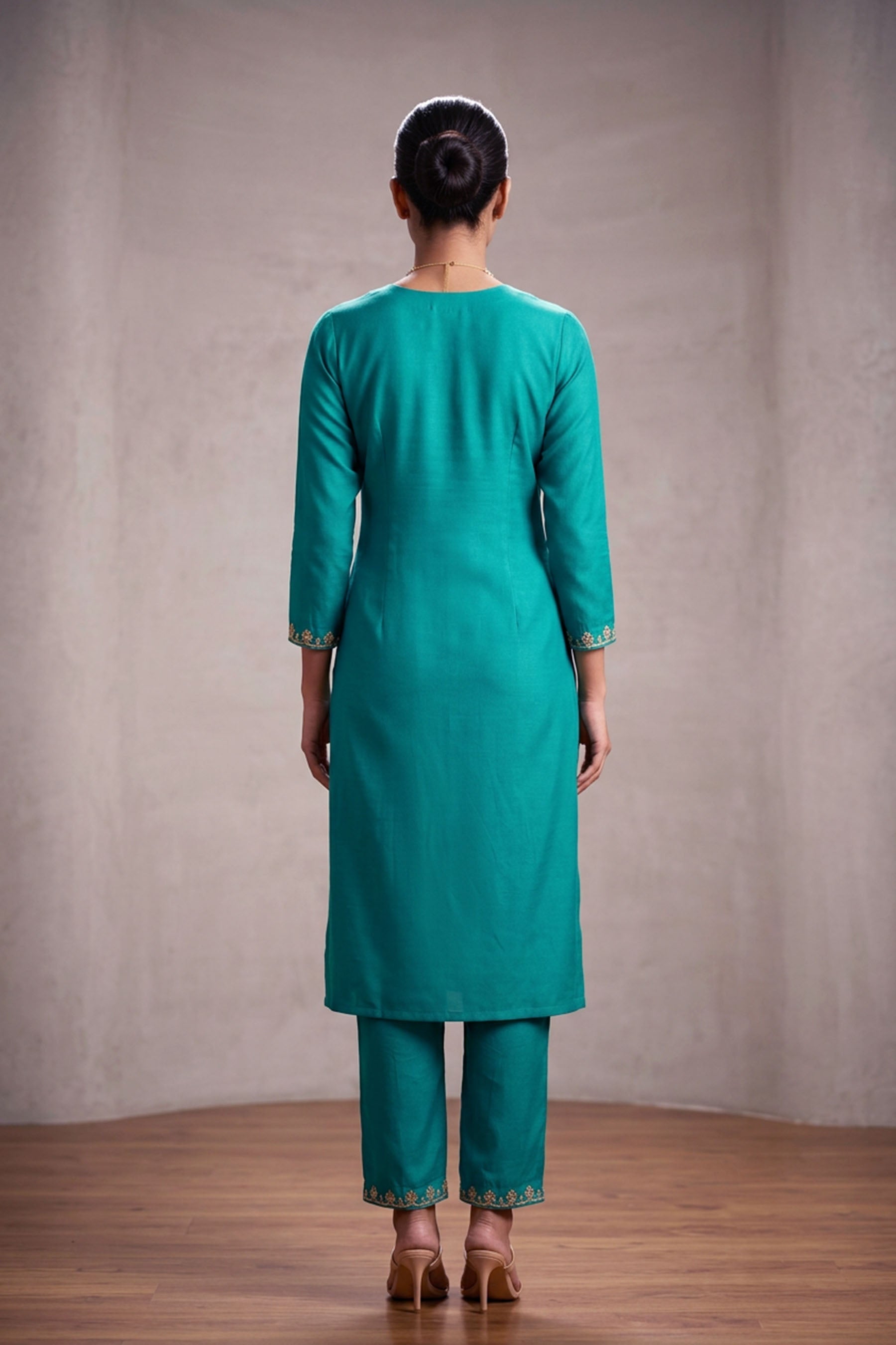 Rama Green Roman Silk 3-Piece Kurti Set with Elastic Pant & Digital Print Dupatta for Women — back pose