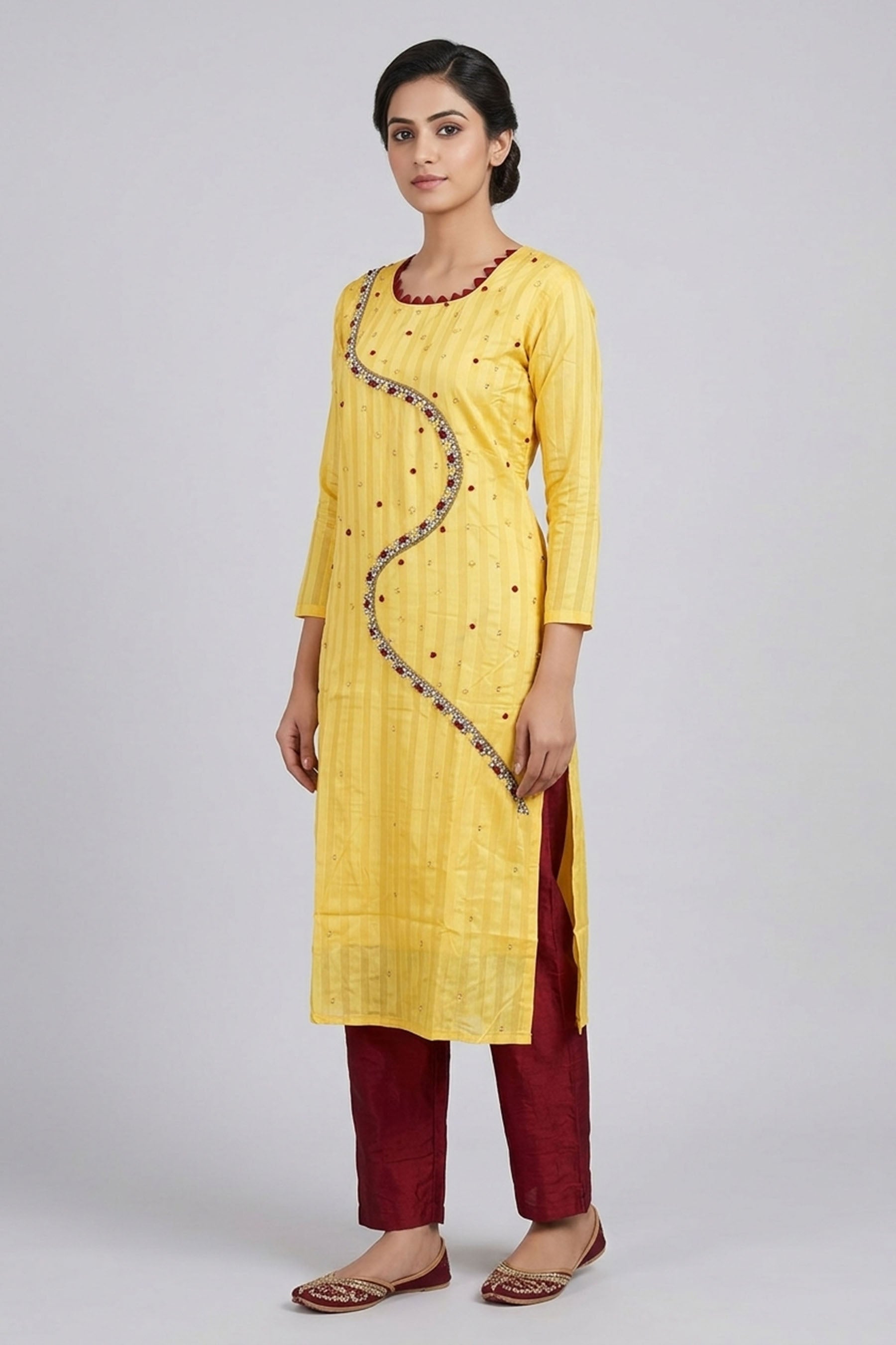 Yellow Silk Cotton Kurti with Elastic Pant Set, Aari and Thread Work with Beads for Women — side pose