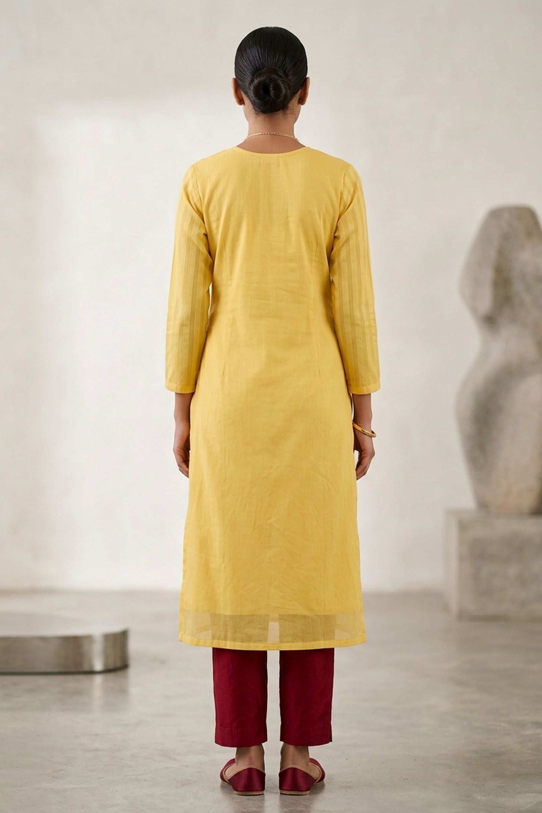 Yellow Silk Cotton Kurti with Elastic Pant Set, Aari and Thread Work with Beads for Women — back pose