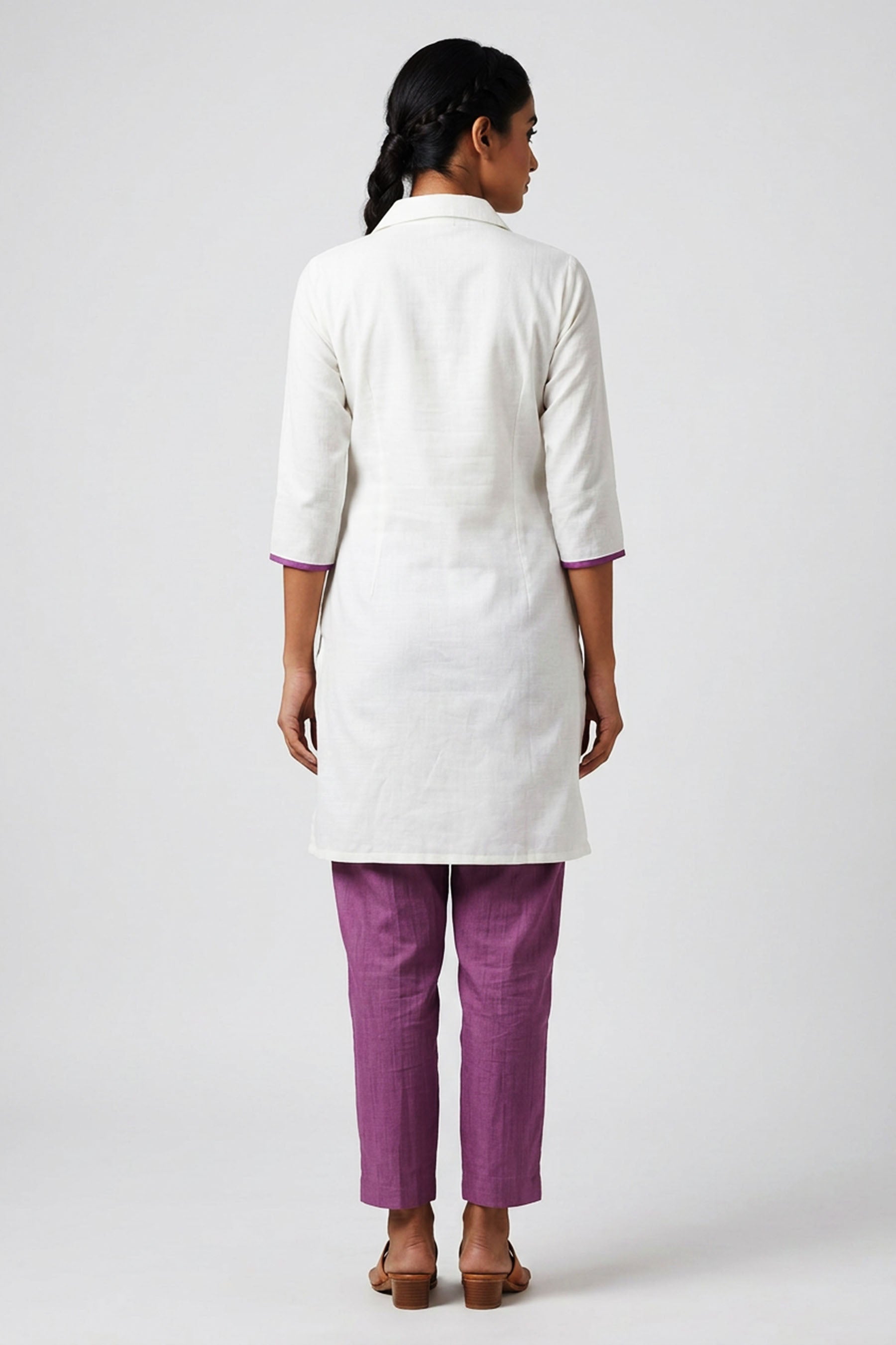 White & Lavender Cotton-Rayon Embroidered Aari Work — back pose