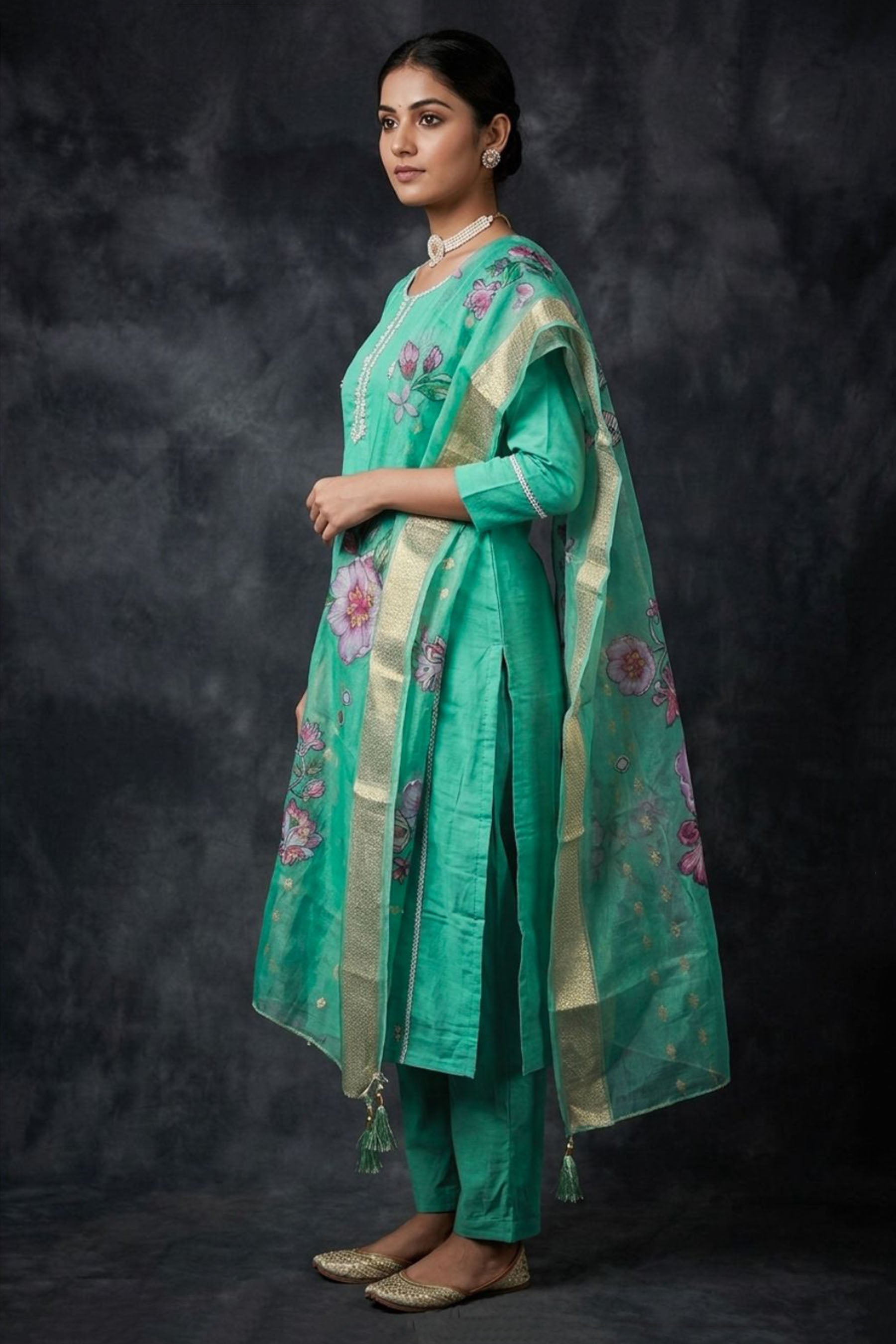 Roman Silk 3-Piece Kurti Set with Elastic Pant and Digital Jacquard Dupatta - Sage Green — side pose