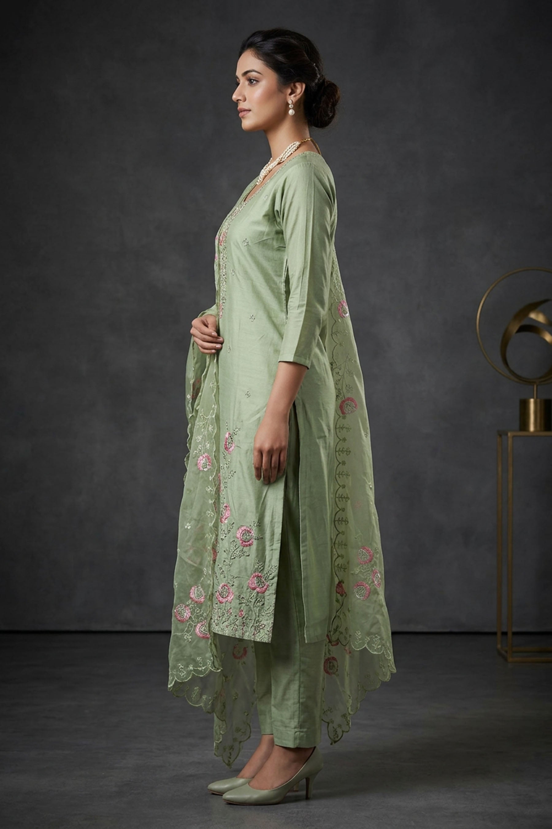 Light Green Roman Silk Kurti Pant Set with Embroidered Handwork Chinon Dupatta for Women — side pose