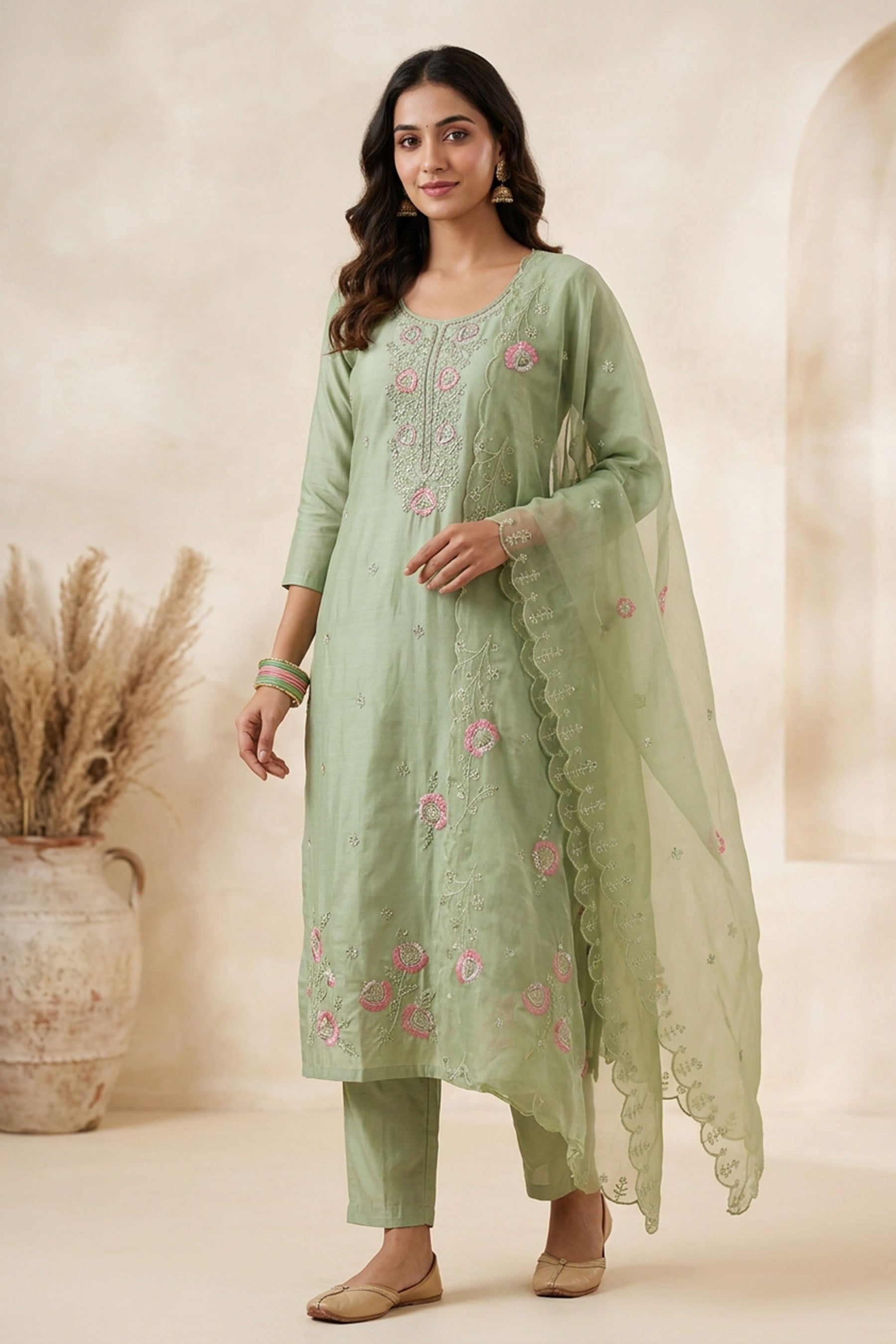 Light Green Roman Silk Kurti Pant Set with Embroidered Handwork Chinon Dupatta for Women — front pose