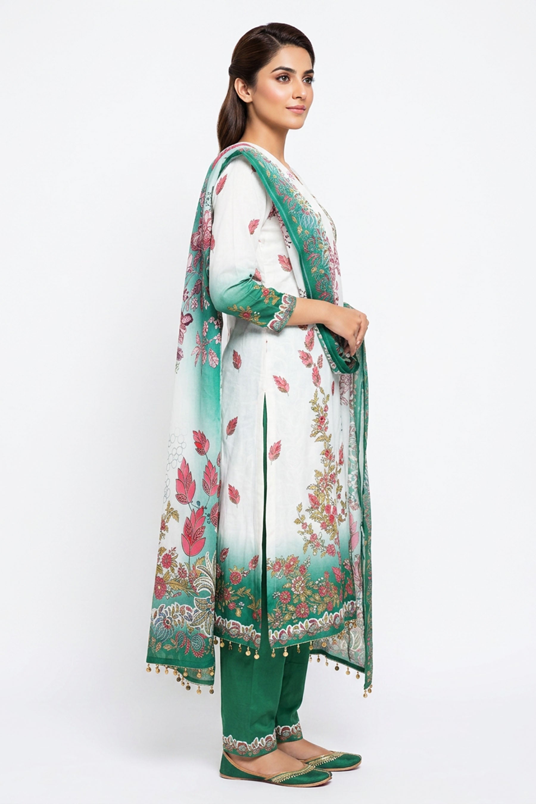 Cream and Green Crepe 3-Piece Salwar Suit with Embellished Kurti, Cotton Dupatta and Elastic Pants — side pose
