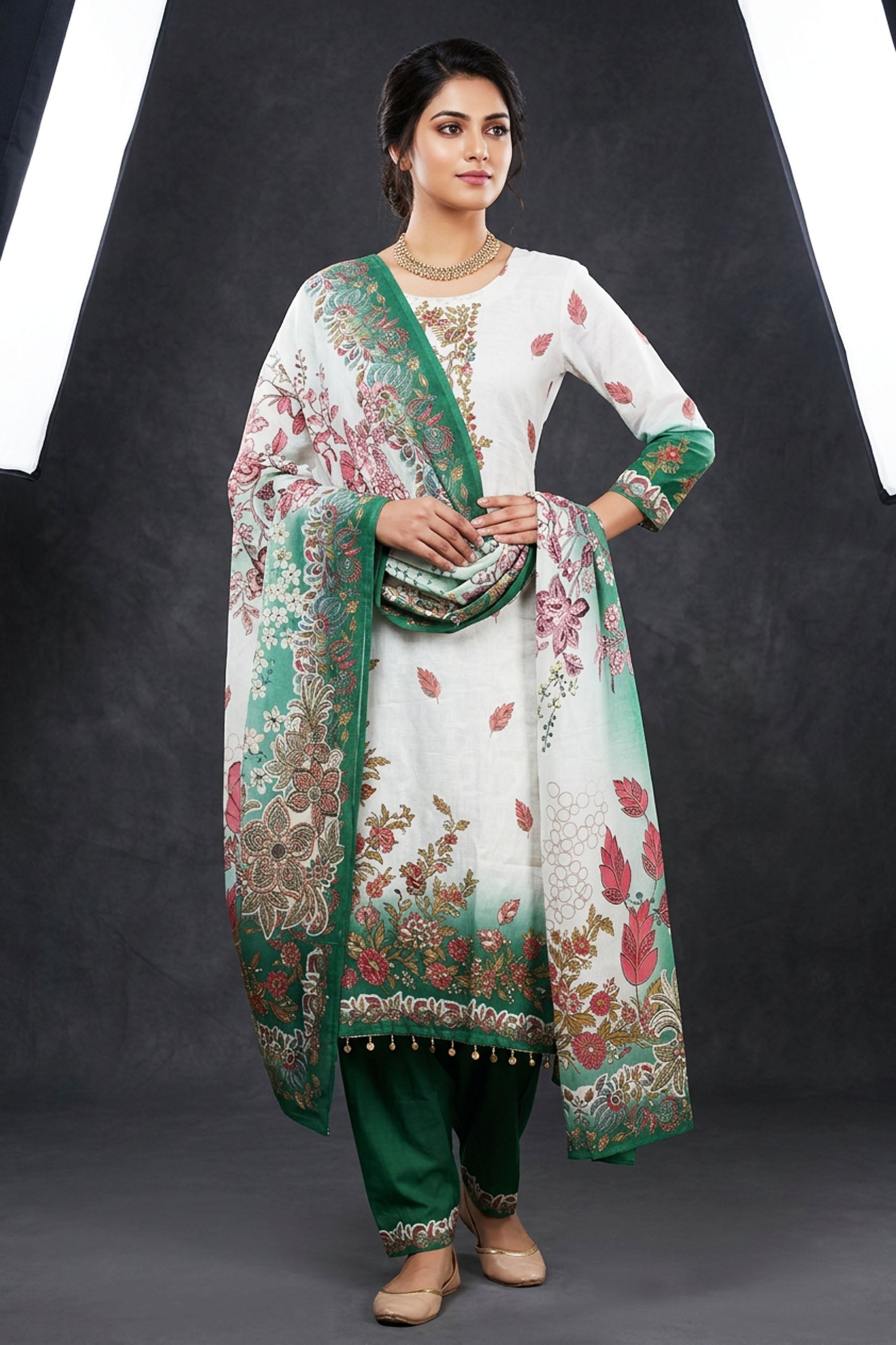 Cream and Green Crepe 3-Piece Salwar Suit with Embellished Kurti, Cotton Dupatta and Elastic Pants — front pose