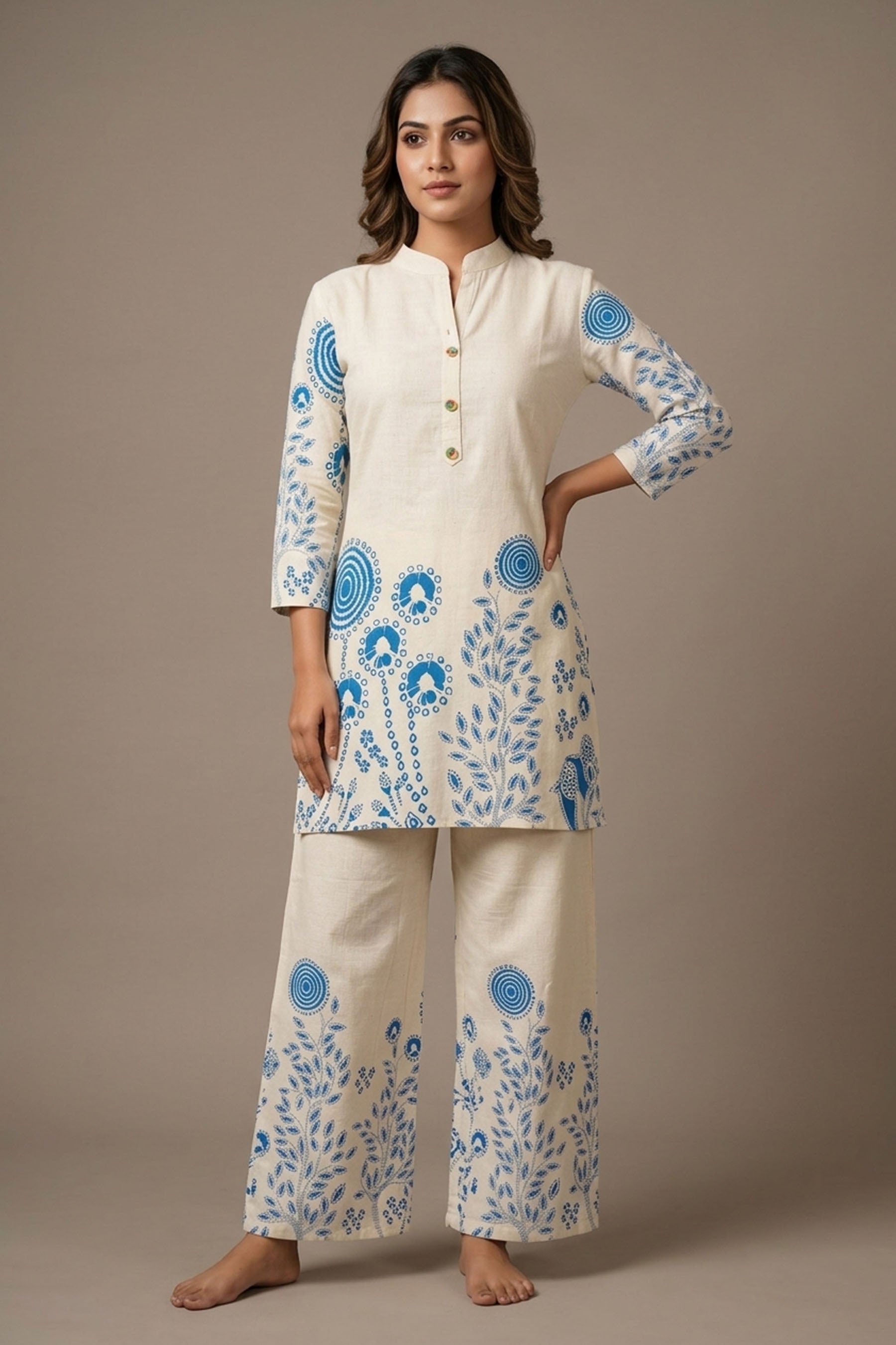 Cream Khadi Rayon Floral Mandarin Collar Kurti with Elastic Waist Pant Co-ord Set (2 pcs) — front pose