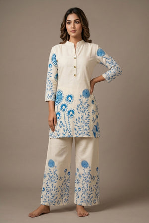 Cream Rayon Kurta Set – Floral Mandarin Collar 2-Piece