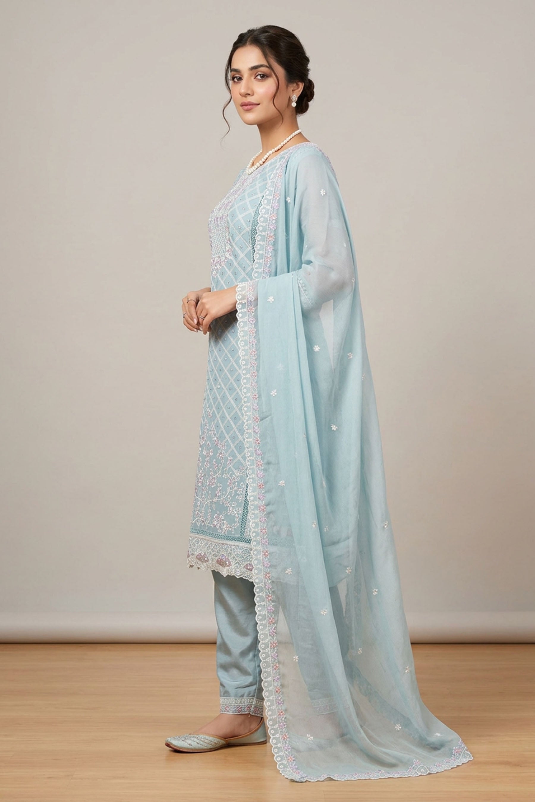 Pastel Blue 3-Piece Salwar Suit Set with Organza Chiffon Kurti, Silk Feel Bottom & Stone Work Dupatta — side pose