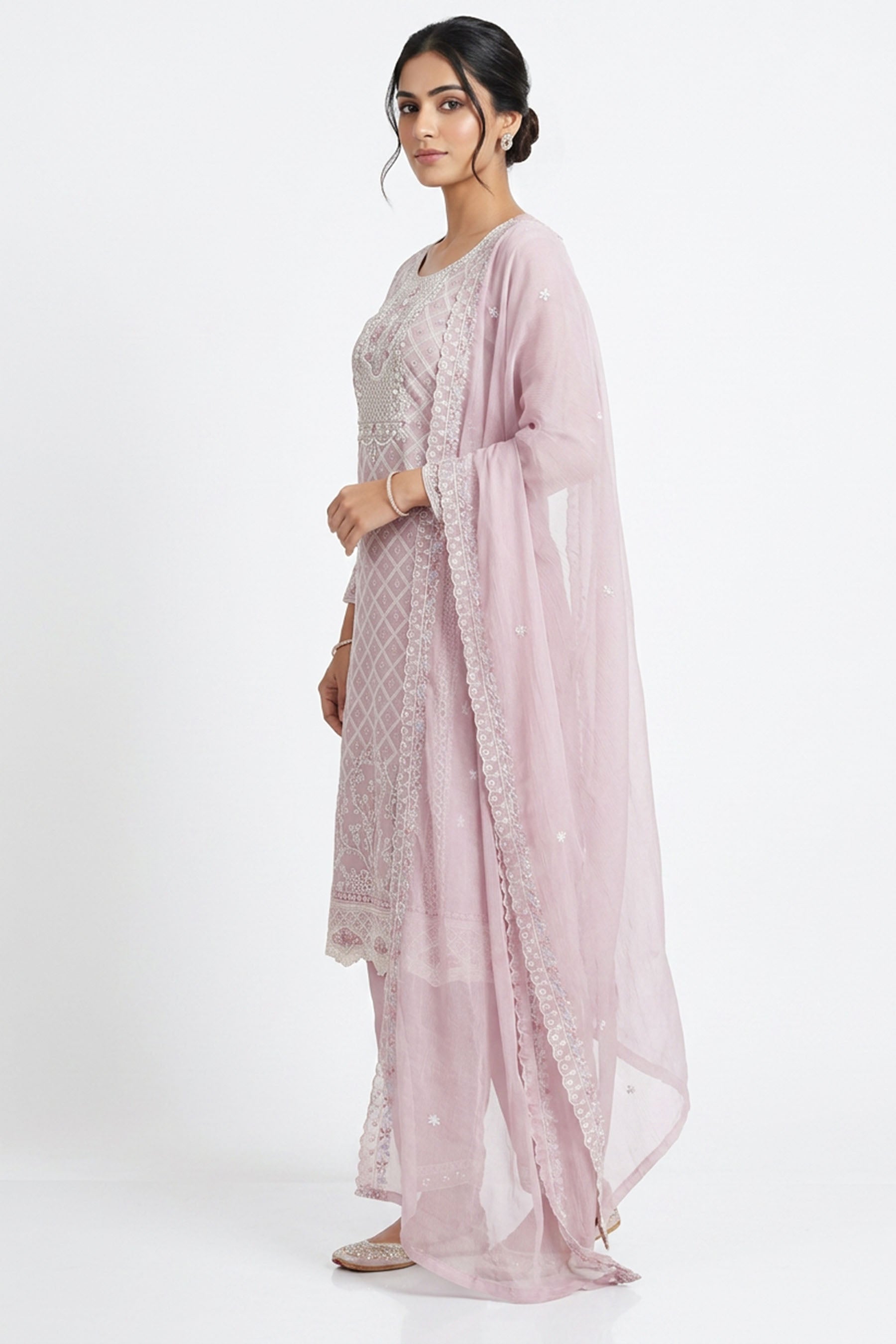 Light Onion Pink 3-Piece Salwar Suit Set with Organza Chiffon Kurti, Elastic Pant & Stone Work Dupatta — side pose
