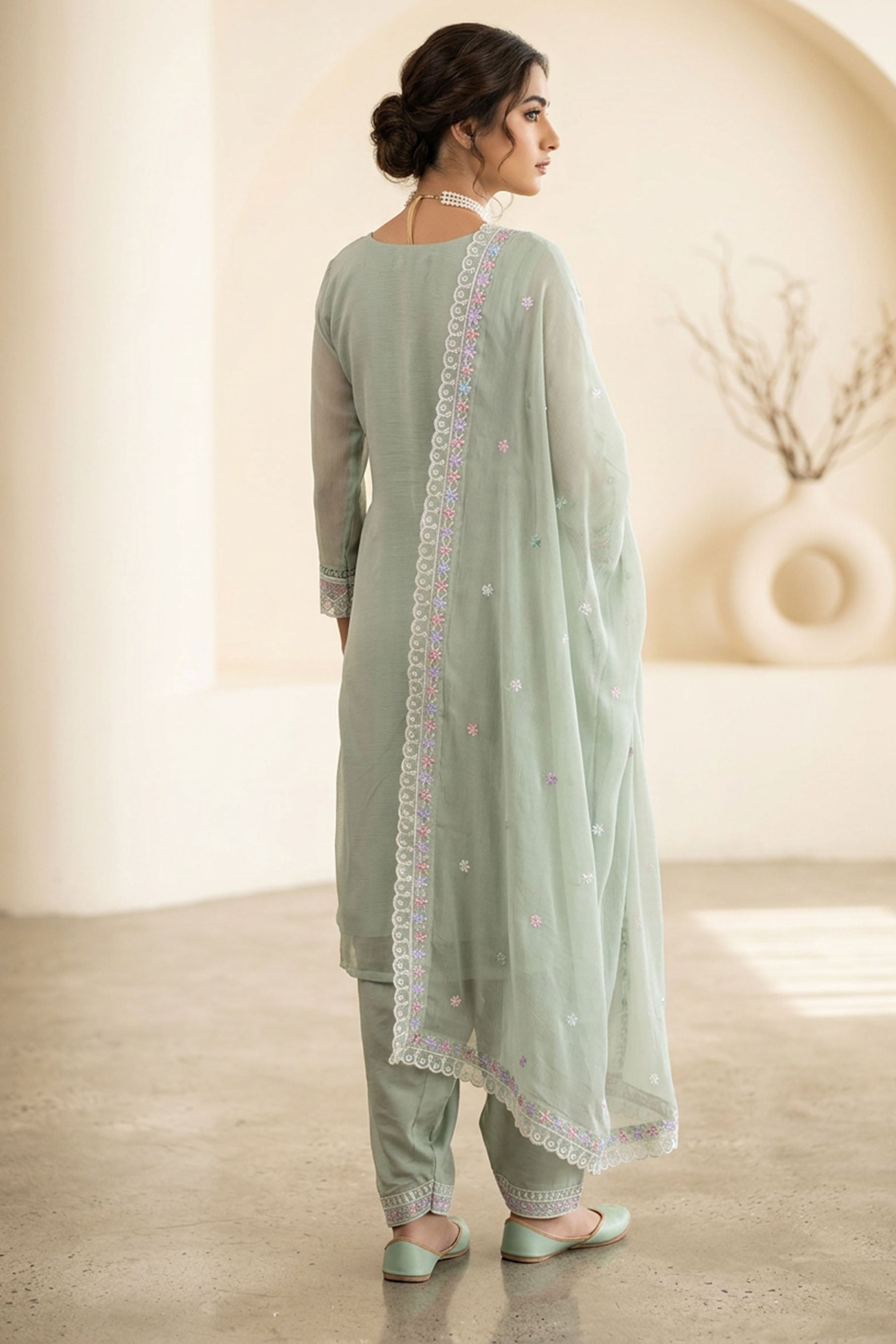 Pastel Green 3-Piece Pakistani Kurti Salwar Set with Organza Chiffon Dupatta and Stone Work — back pose