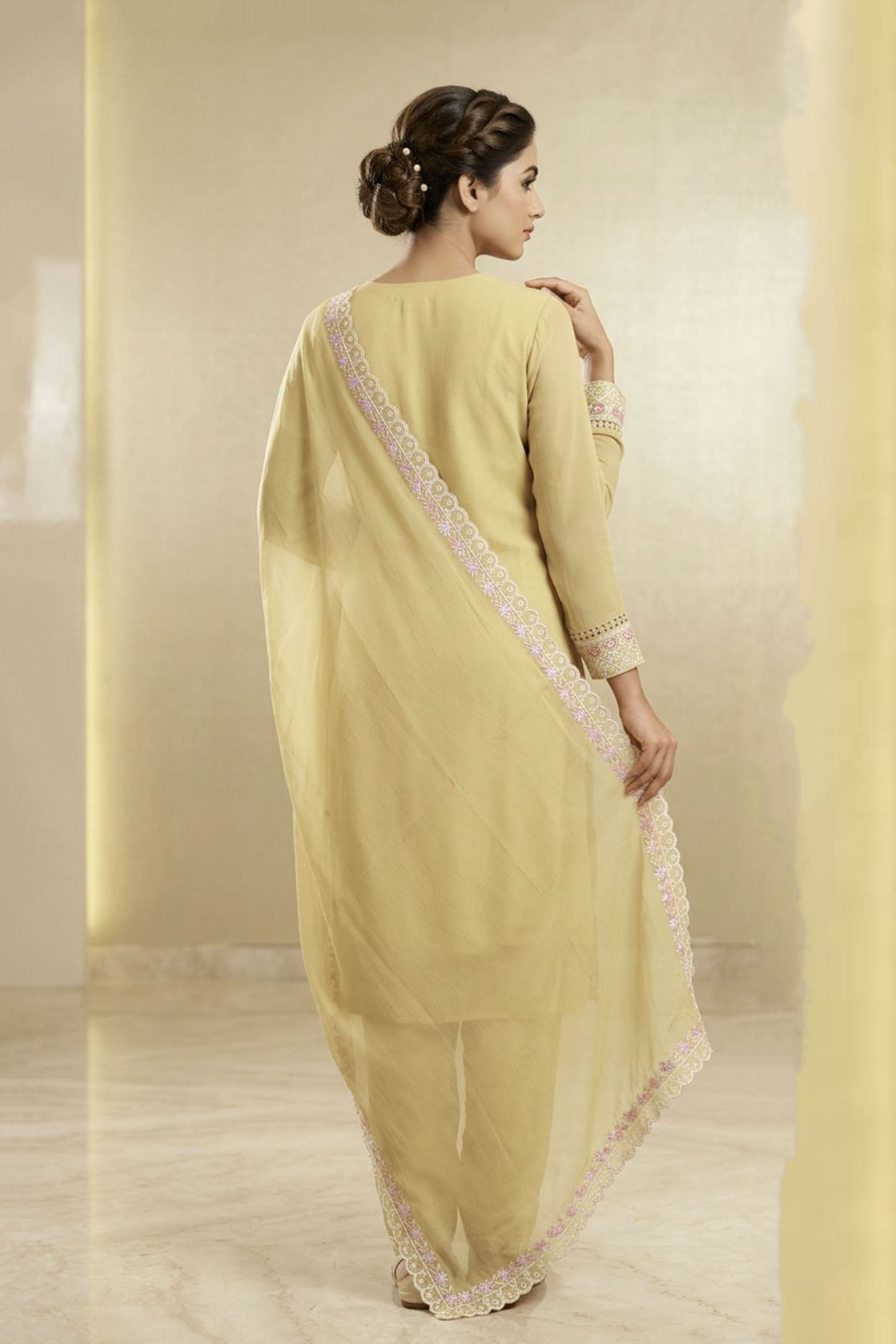Pastel Yellow Organza Chiffon 3-Piece Salwar Set with Stone Work Kurti, Pant & Dupatta — side pose