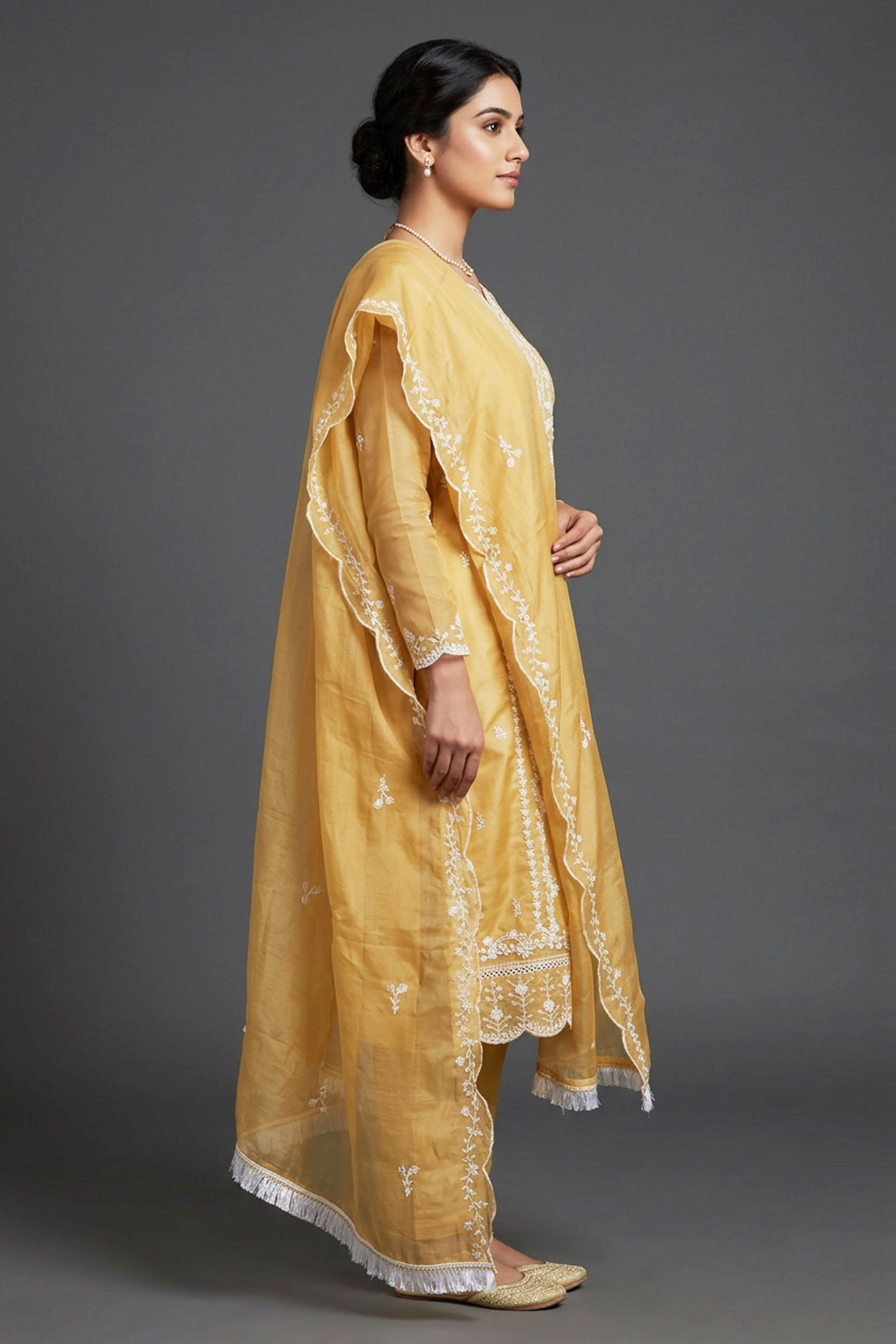 Light Beige Organza Khatli Work Kurti with Border Dupatta & Roman Silk Bottom - 3 Piece Salwar Set — side pose