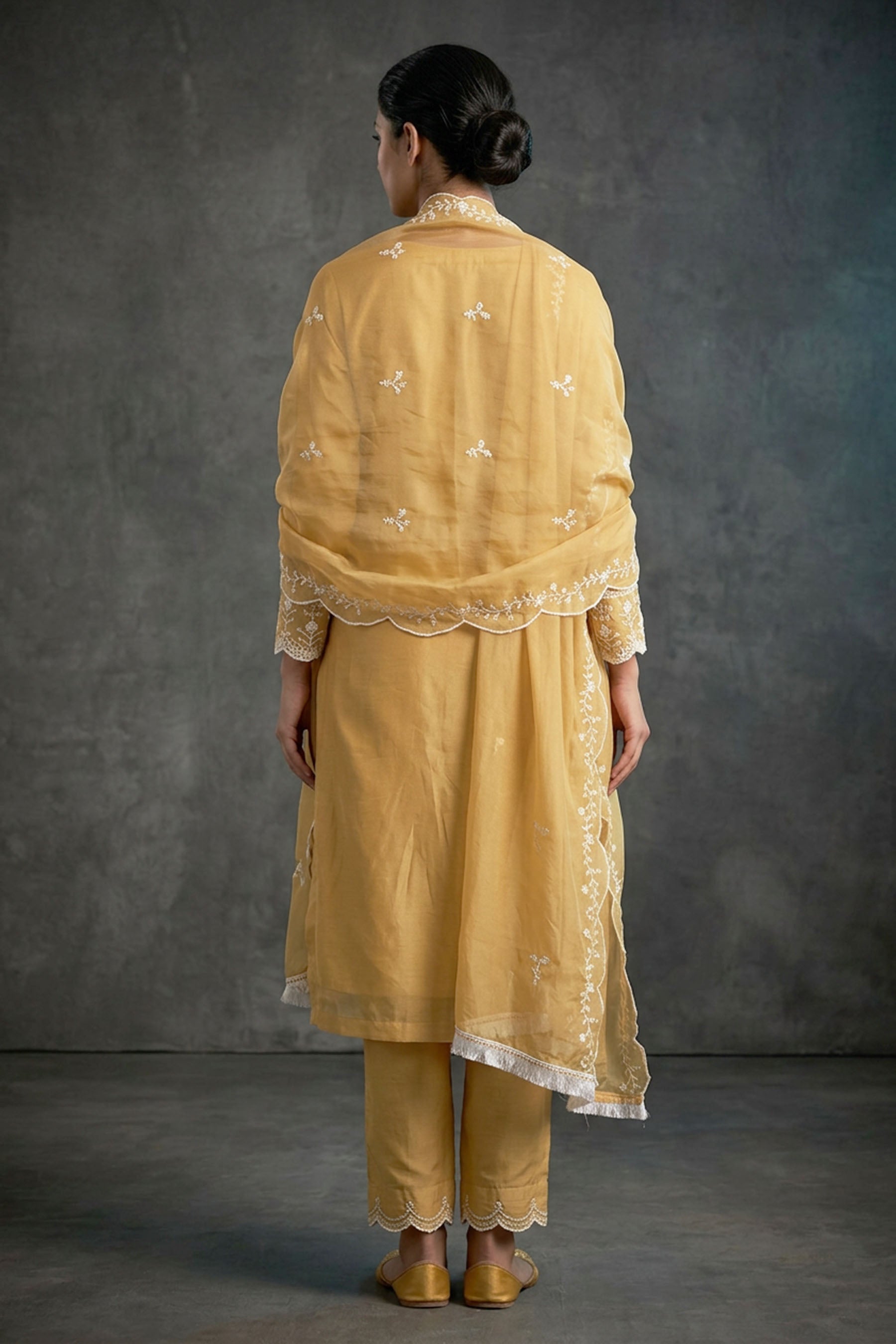 Light Beige Organza Khatli Work Kurti with Border Dupatta & Roman Silk Bottom - 3 Piece Salwar Set — back pose