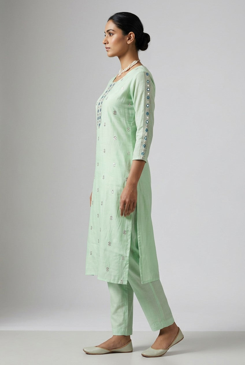 Light Green Cotton Embroidered 3-Piece Salwar Suit with Chiffon Dupatta — side pose