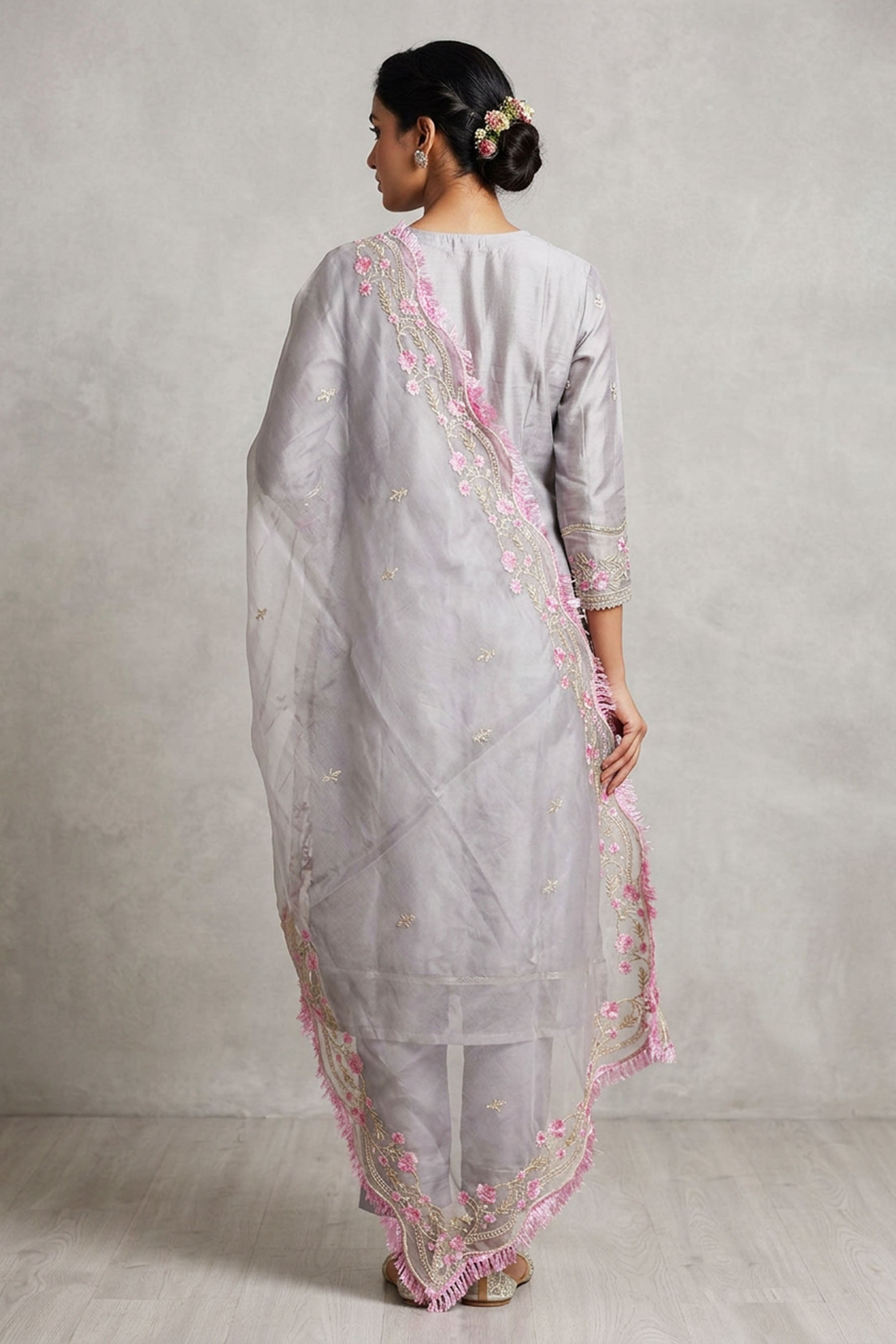 Light Grey 3-Piece Organza Kurti Salwar Set with Khatli Work & Border Dupatta, Roman Silk Bottom — back pose