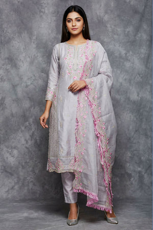 Light Grey 3-Piece Organza Kurti Salwar Set with Khatli Work & Border Dupatta, Roman Silk Bottom