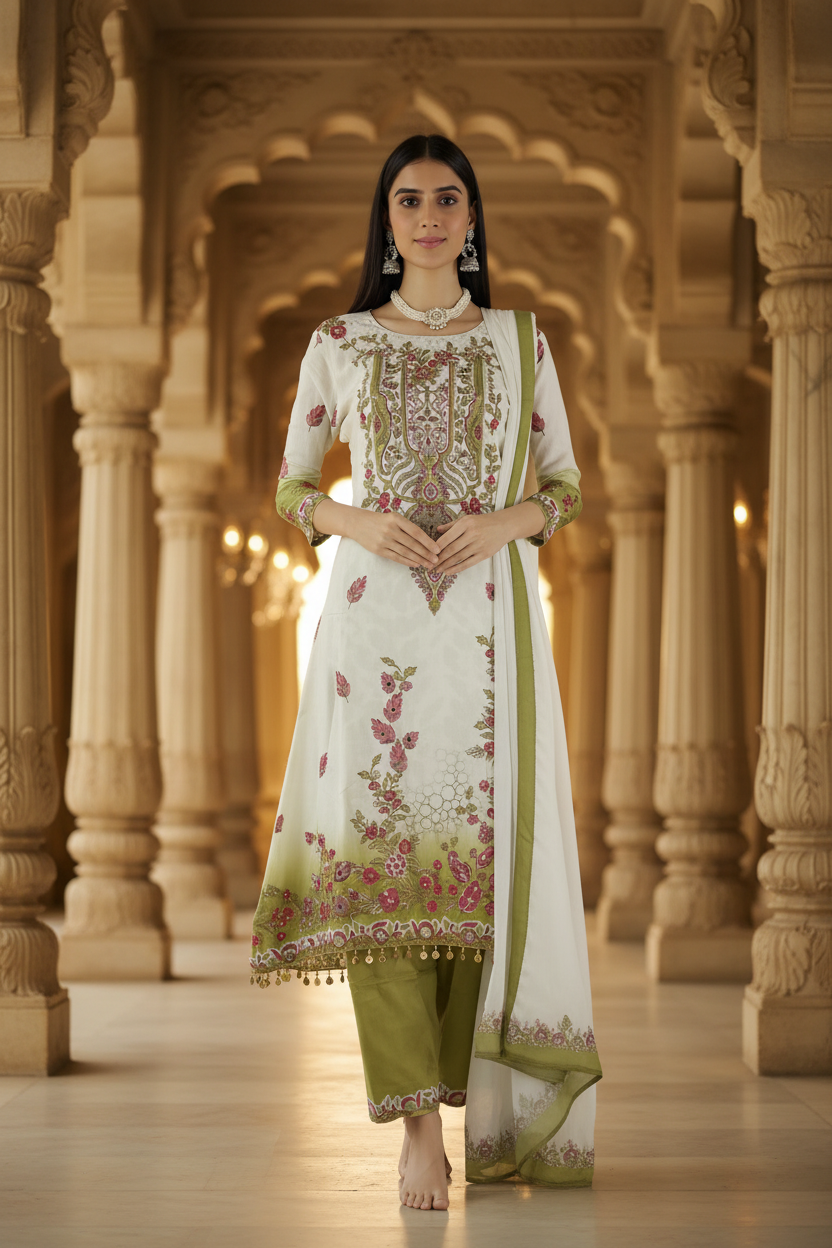 Cream Designer Crepe Salwar Set - 3-Piece Kurti with Stone & Mirror Work and Coin Hangings