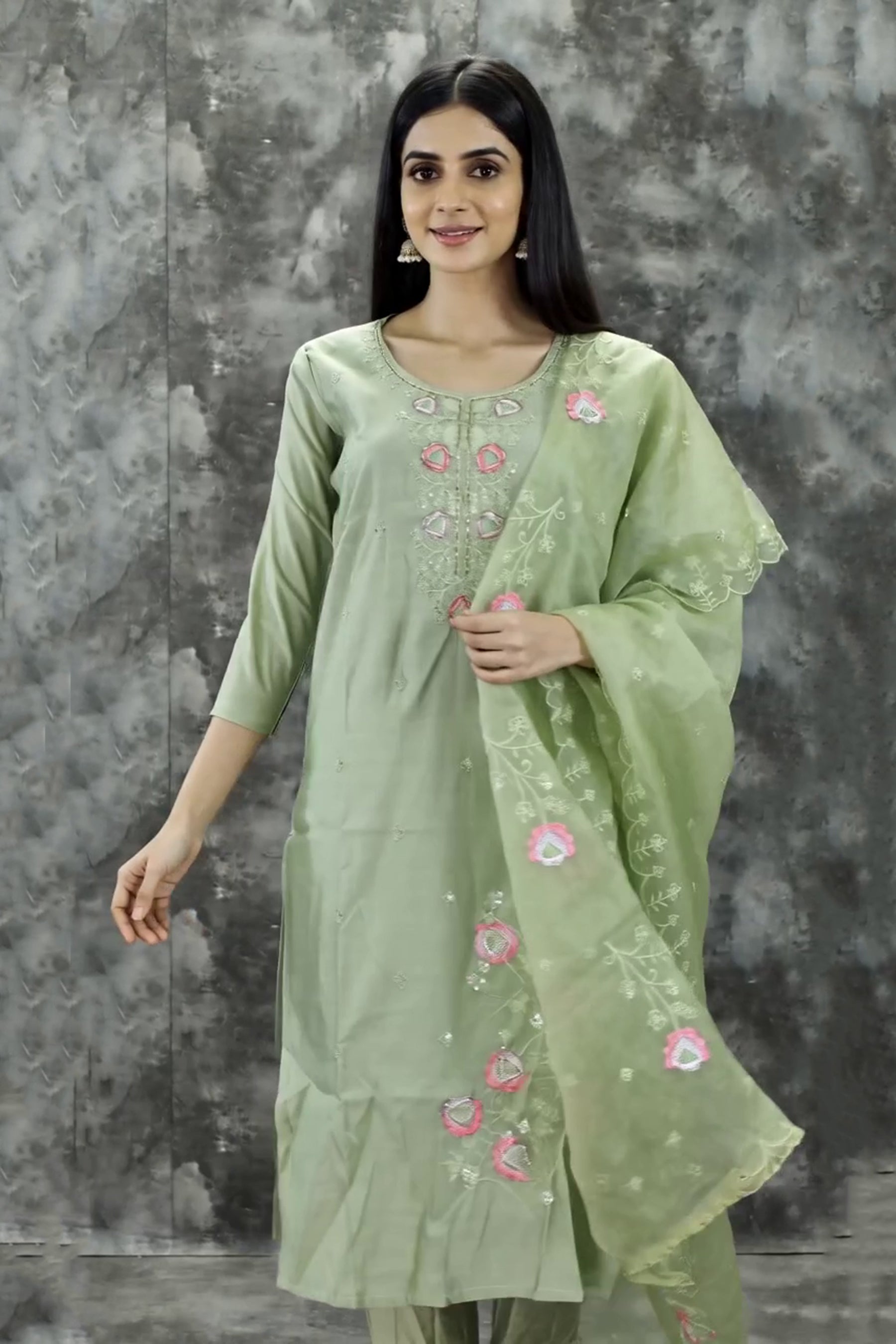 Light Green Roman Silk Kurti Pant Set with Embroidered Handwork Chinon Dupatta for Women