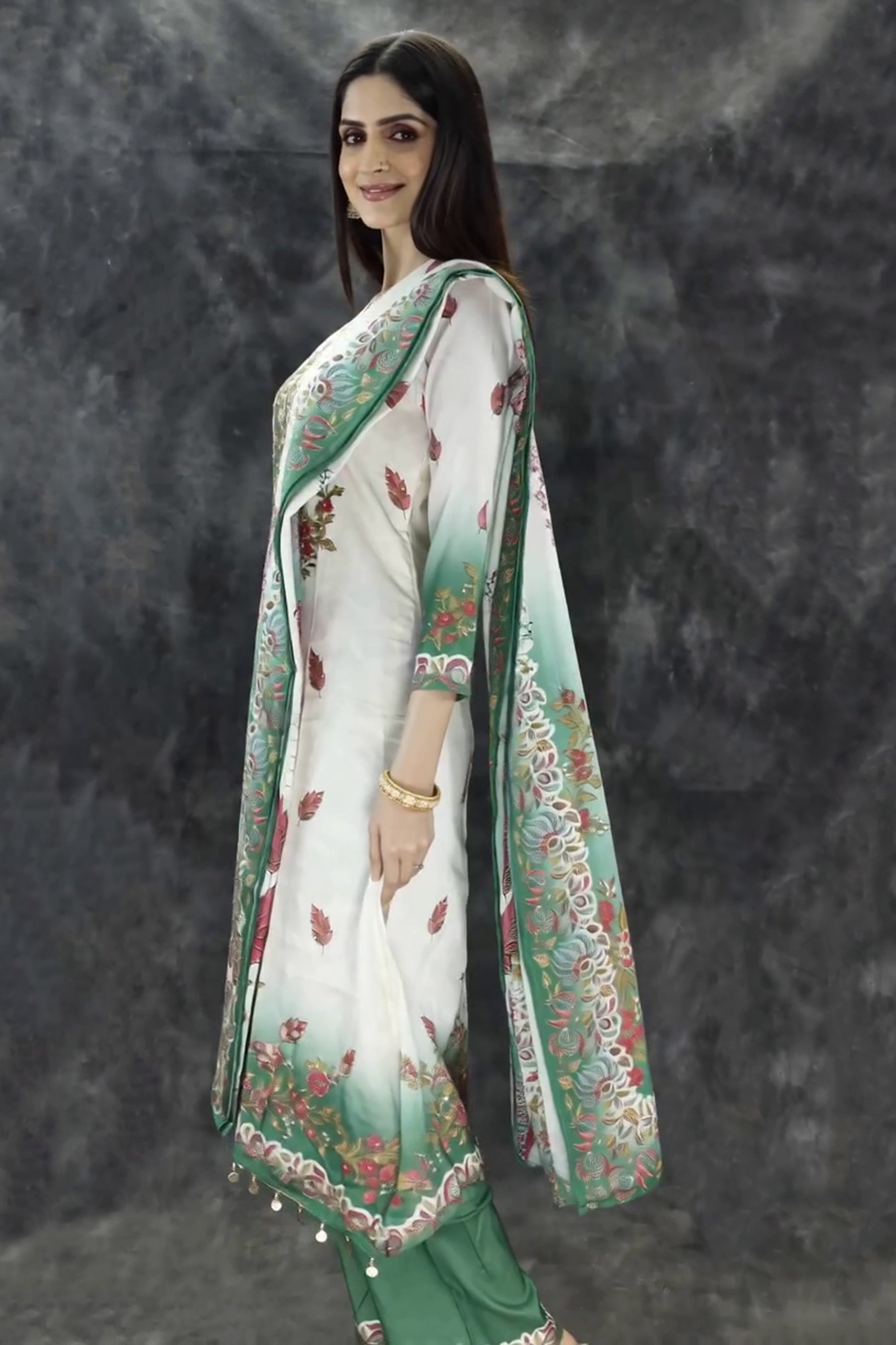 Cream and Green Crepe 3-Piece Salwar Suit with Embellished Kurti, Cotton Dupatta and Elastic Pants