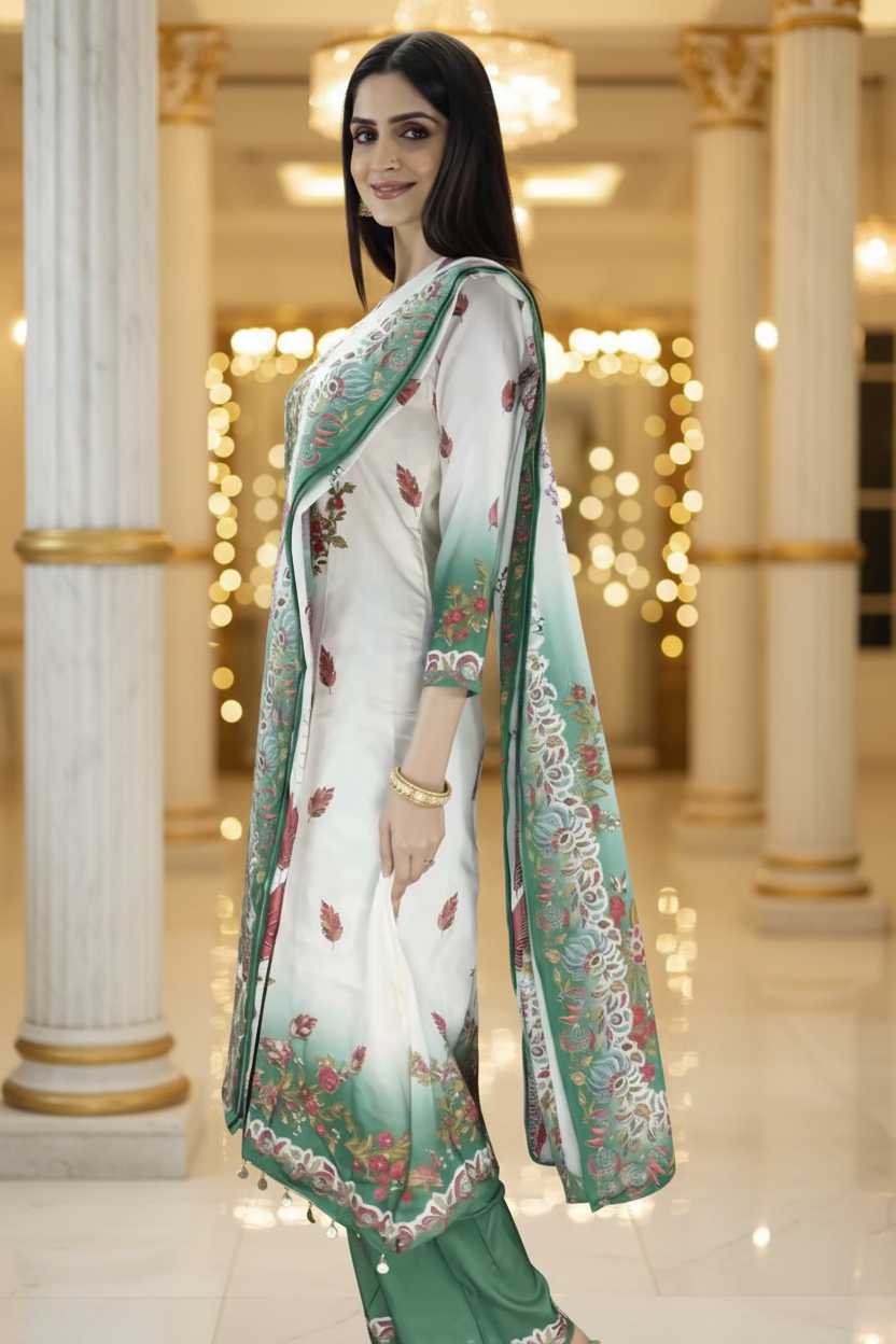 Cream and Green Crepe 3-Piece Salwar Suit with Embellished Kurti, Cotton Dupatta and Elastic Pants