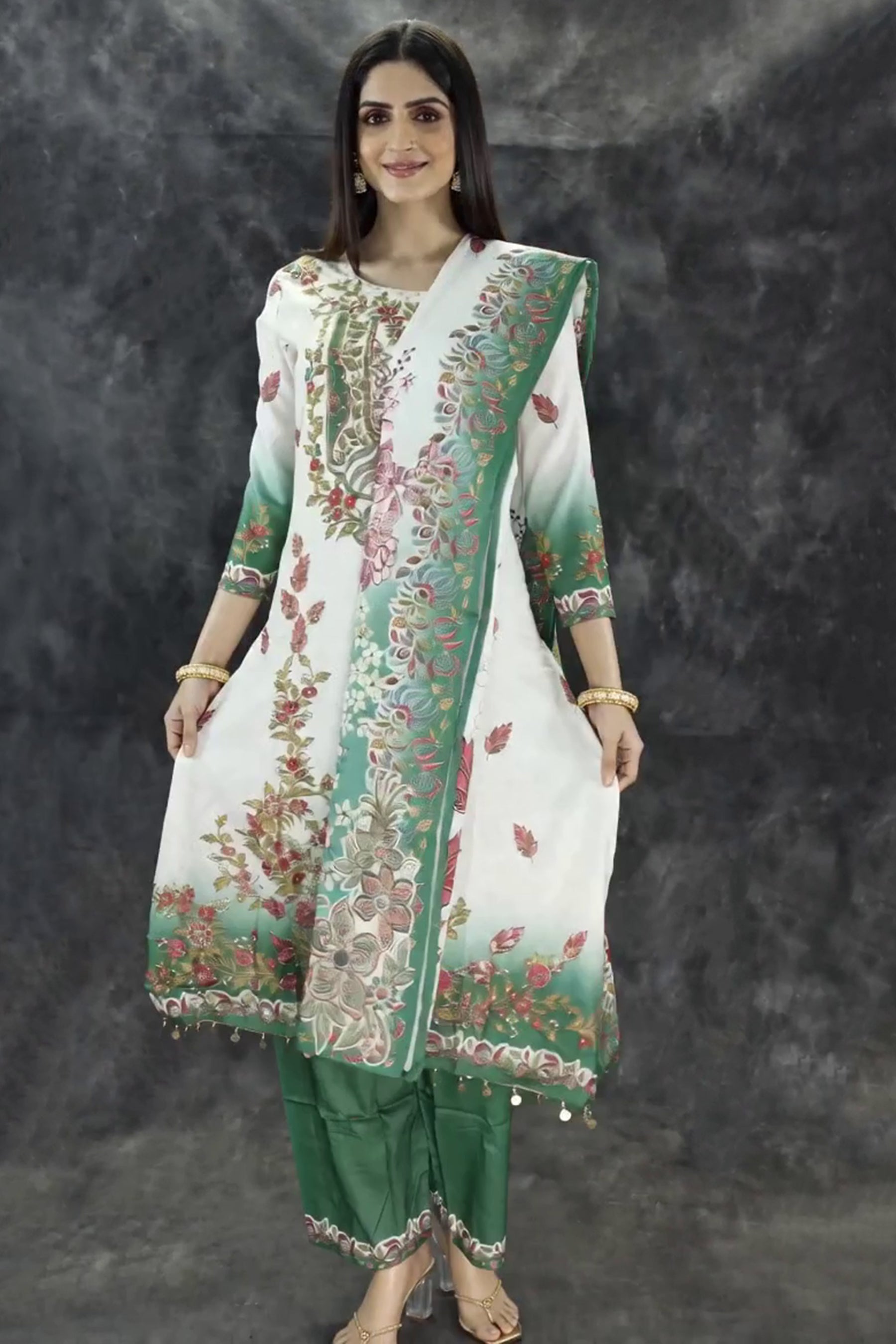Cream and Green Crepe 3-Piece Salwar Suit with Embellished Kurti, Cotton Dupatta and Elastic Pants