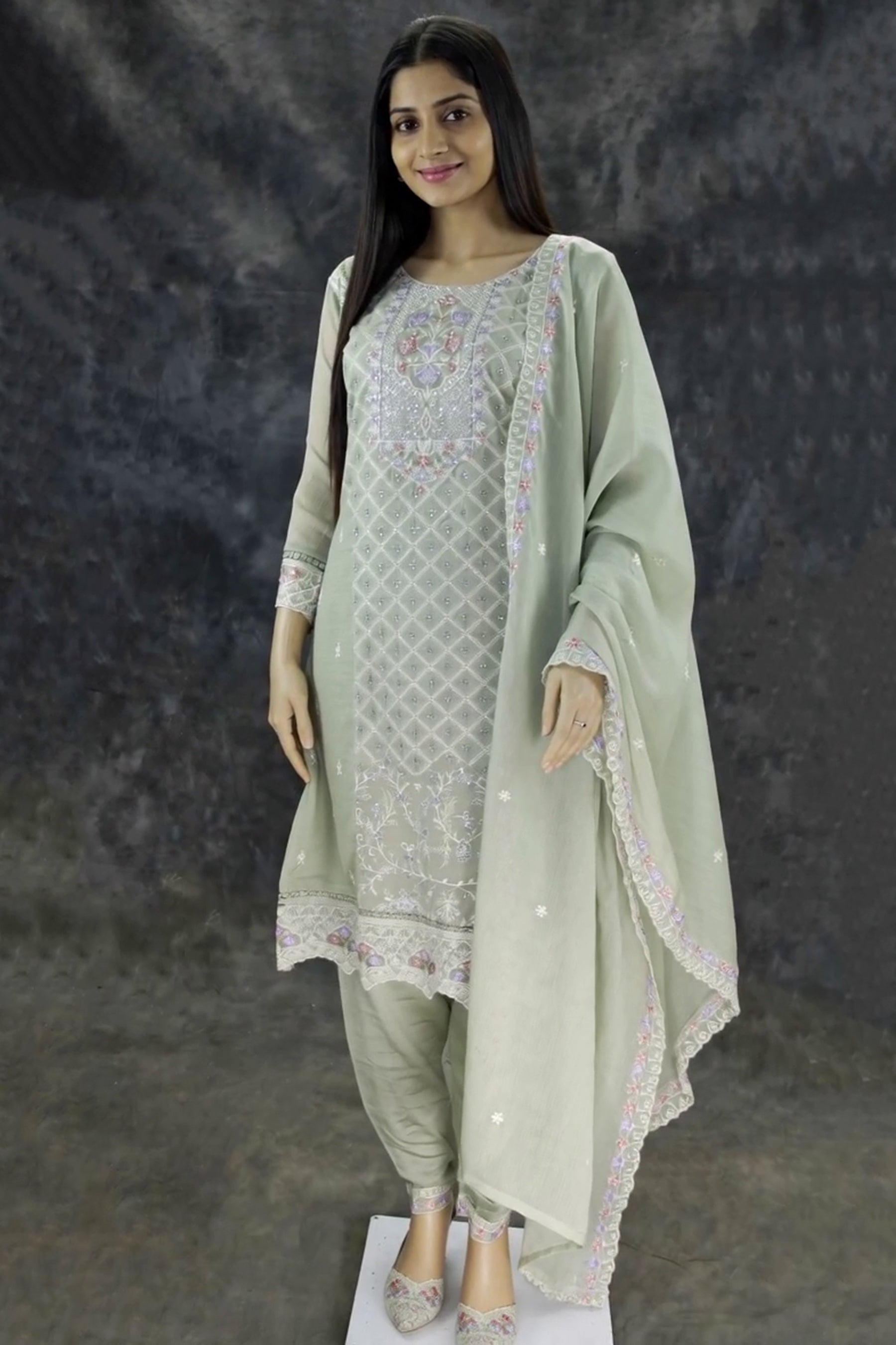 Pastel Green 3-Piece Pakistani Kurti Salwar Set with Organza Chiffon Dupatta and Stone Work