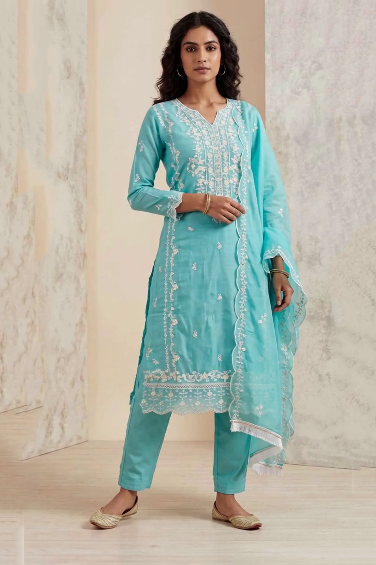 Light Blue Organza Khatli Work Kurti with Roman Silk Bottom & Border Dupatta 3-Piece Salwar Set