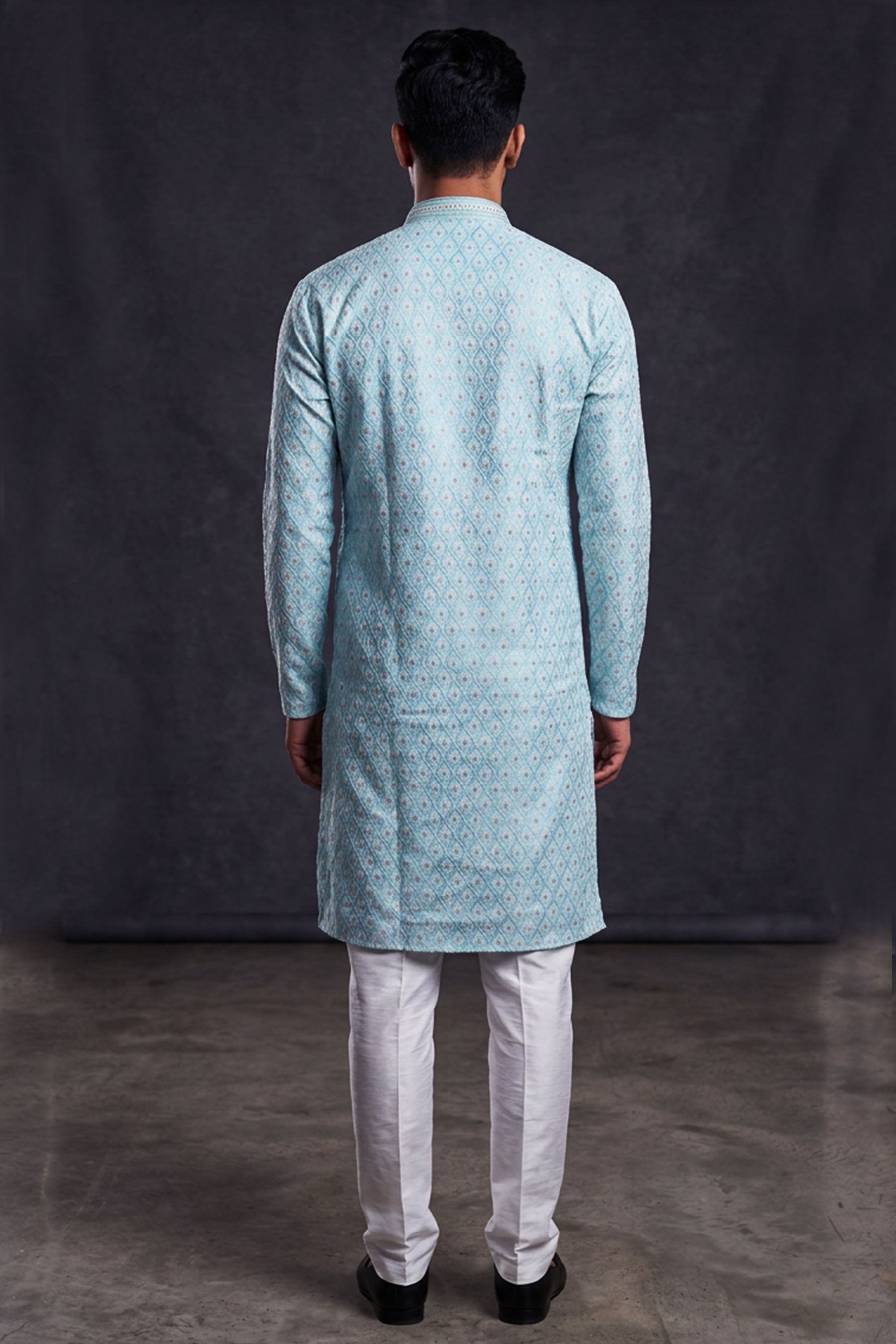 Blue White Jacquard Men's Kurta - Ethnic Wear — back pose