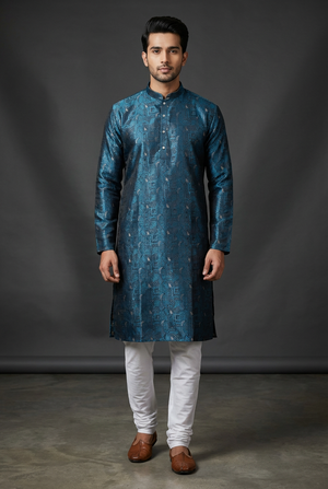 Blue Men's Jacquard Kurta