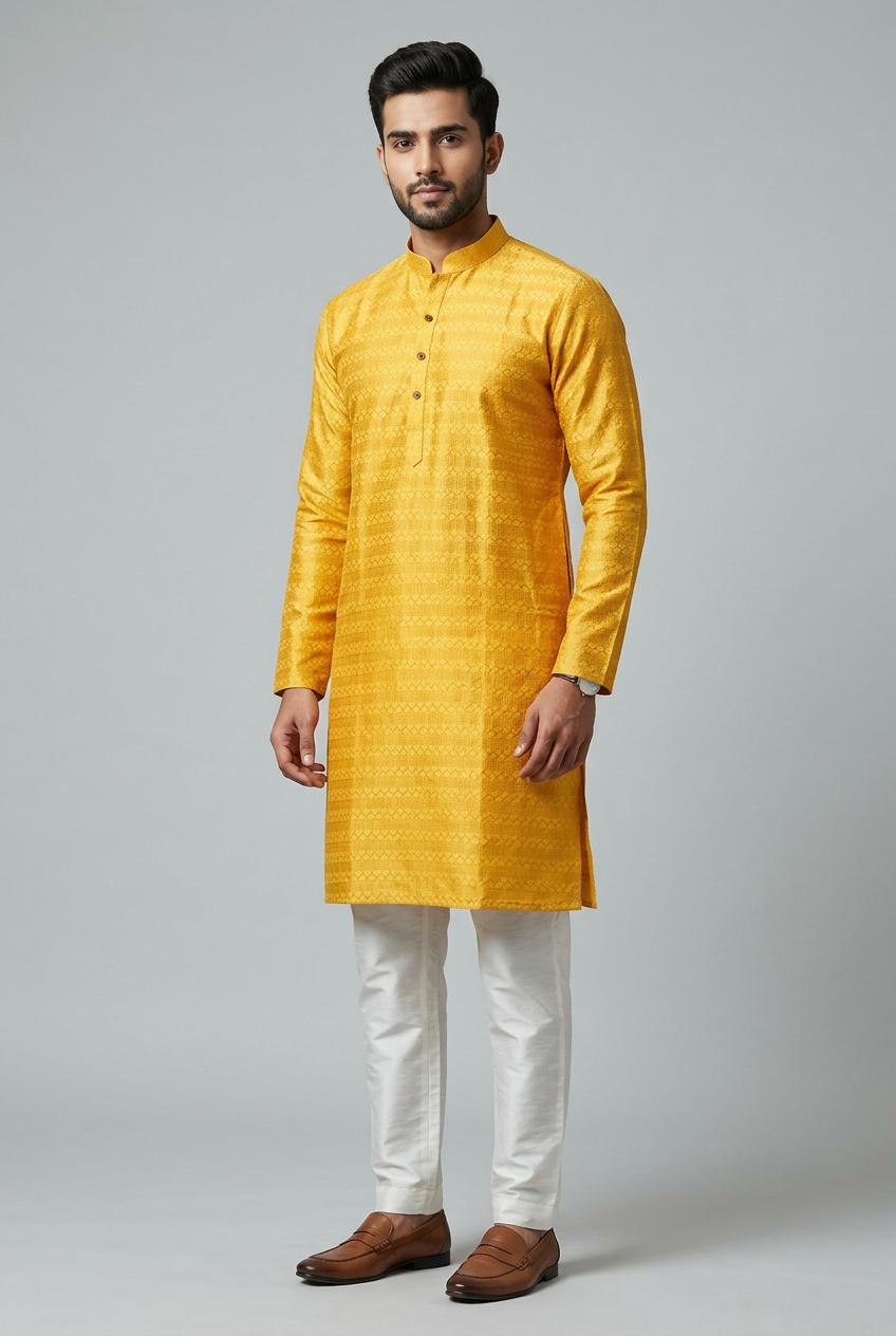 Yellow Hand-Sewn Sequin Men's Kurta Pyjama for Haldi — side pose