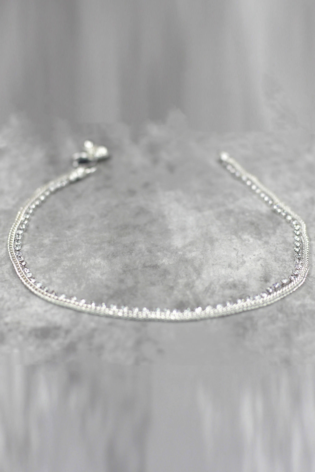 Silver-Plated Traditional South Indian Anklets with White Stone, Delicate Stone-Studded Design