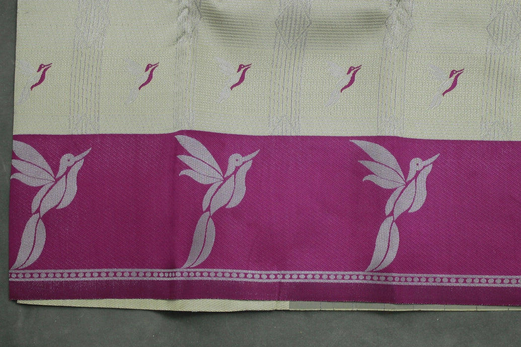 Beige & Purple Kubera Pattu Silk Saree with Zari Border and Matching Blouse