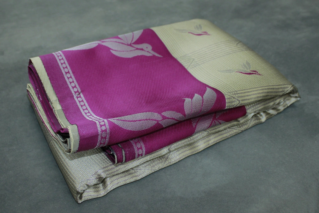 Beige & Purple Kubera Pattu Silk Saree with Zari Border and Matching Blouse