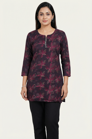 Purple Cotton Kurta Set – Floral 2-Piece with Elastic Pant