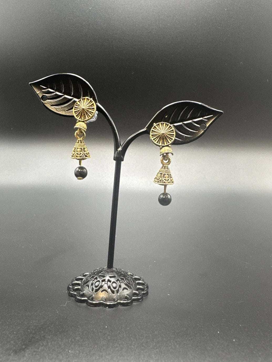 Antique Look Floral Jhumka Earrings – Gold-Tone Jhumki with Coloured Bead Drop (1.5 inch) - Black