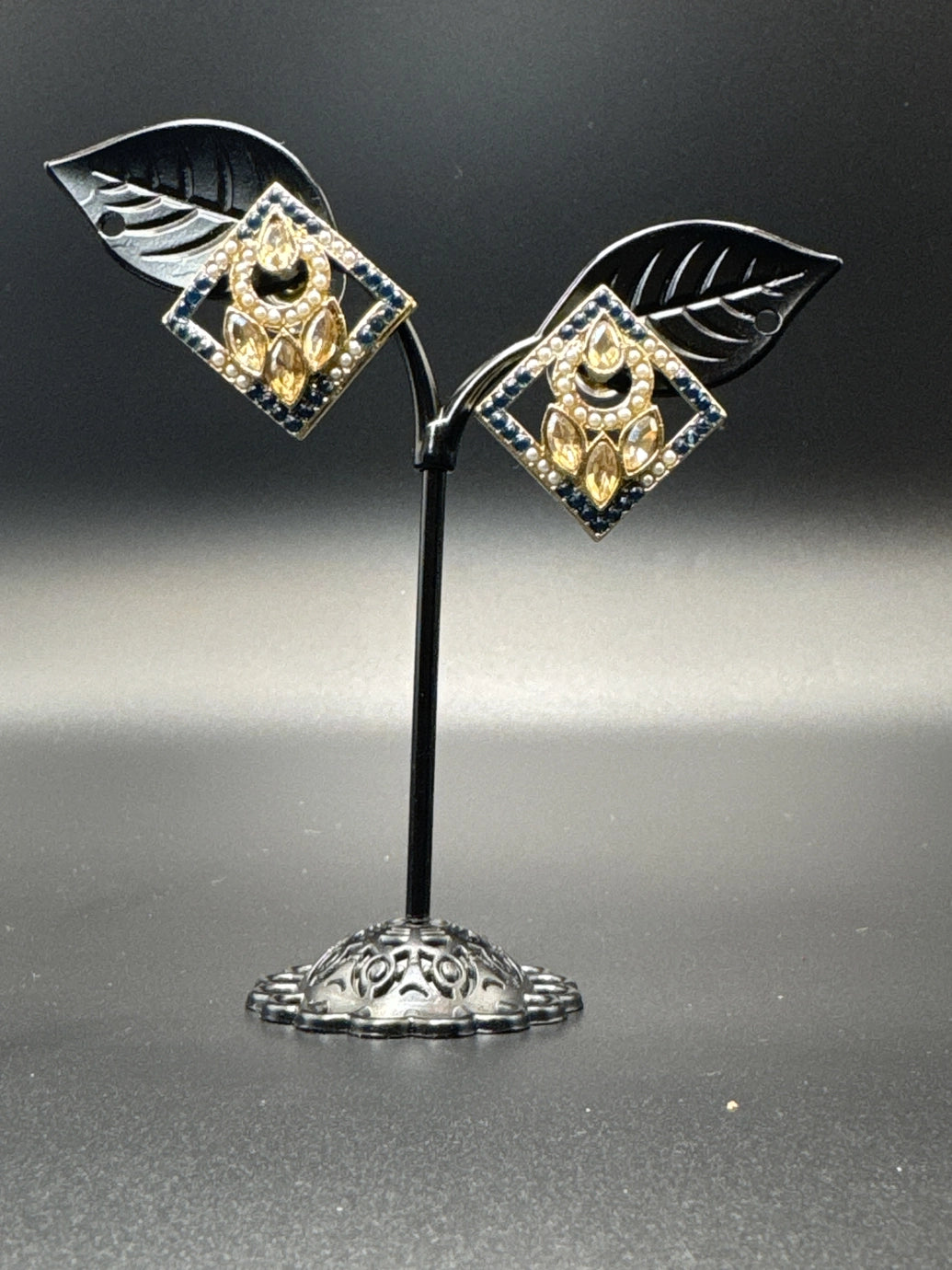 Geometric Kundan Stud Earrings with Bead Border - Gold-Tone Kundan Style (0.5 inch) - Blue